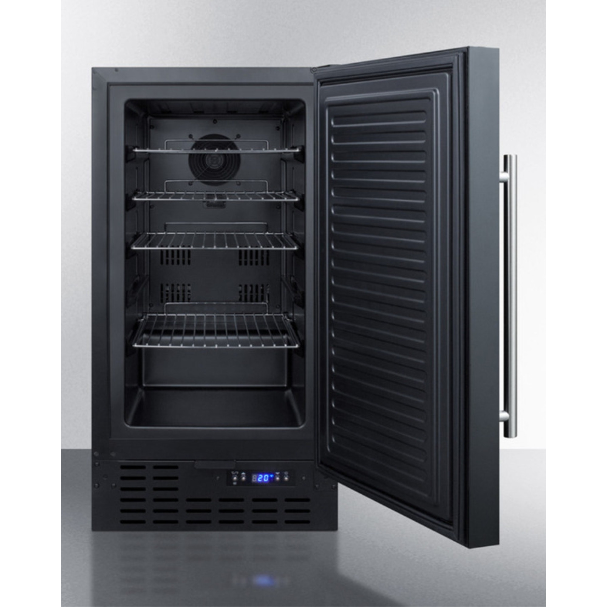 ADA compliant 18" wide frost-free freezer in black for built-in or freestanding use, with lock and digital thermostat
