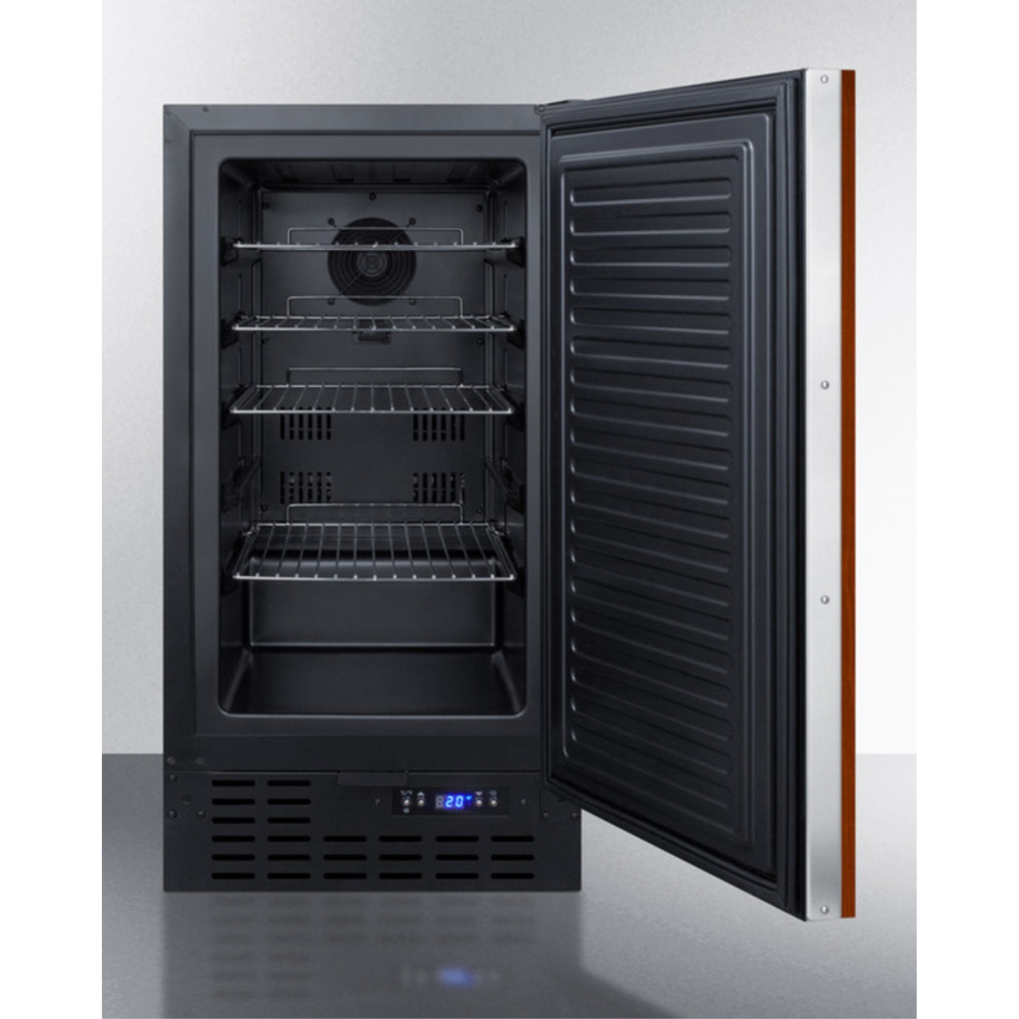ADA compliant 18" wide frost-free freezer in black for built-in or freestanding use, with integrated door frame for overlay panels