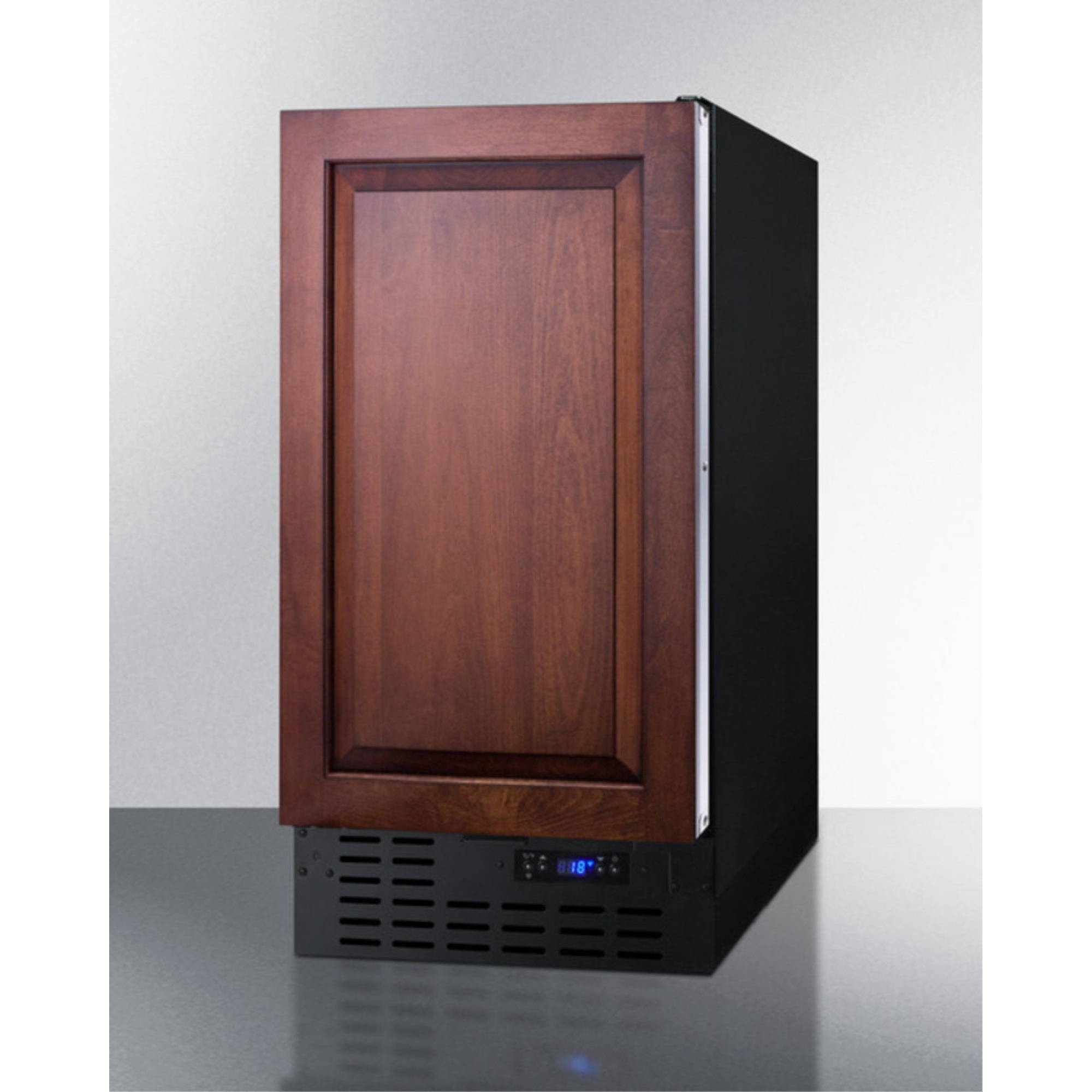 ADA compliant 18" wide frost-free freezer in black for built-in or freestanding use, with integrated door frame for overlay panels