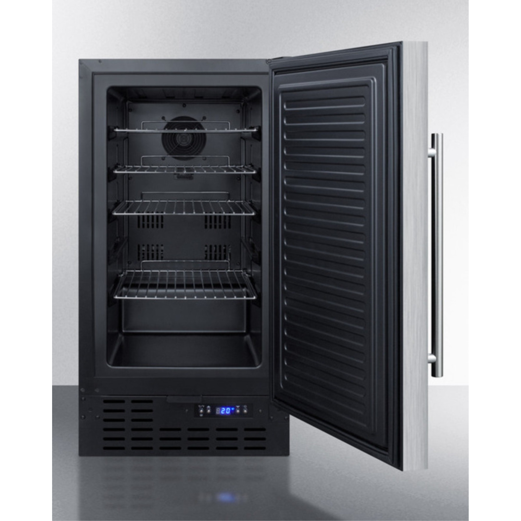 ADA compliant 18" wide frost-free freezer built-in or freestanding use, with SS door, black cabinet, lock, and digital thermostat