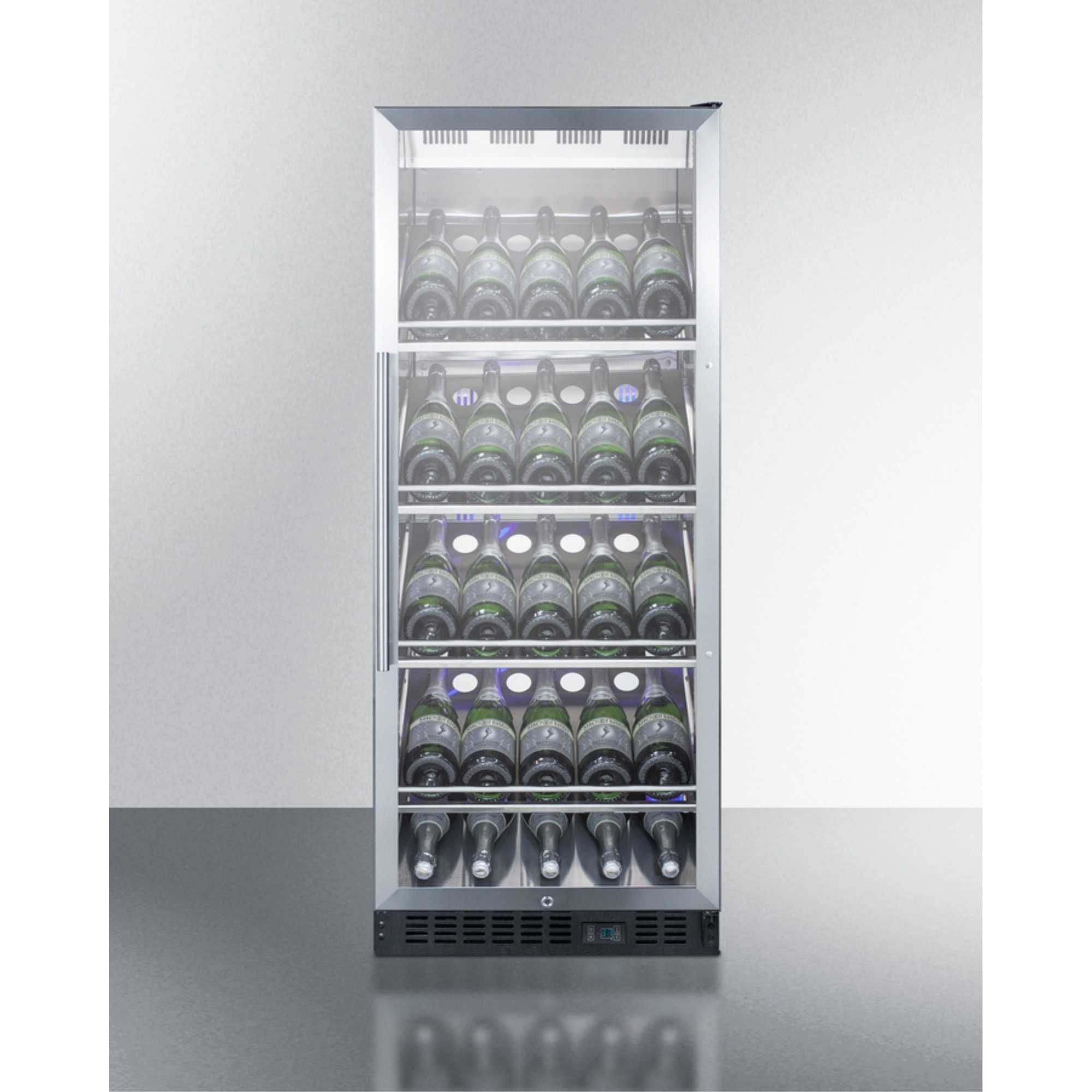 Commercially listed champagne cellar with self-closing door and complete stainless steel exterior