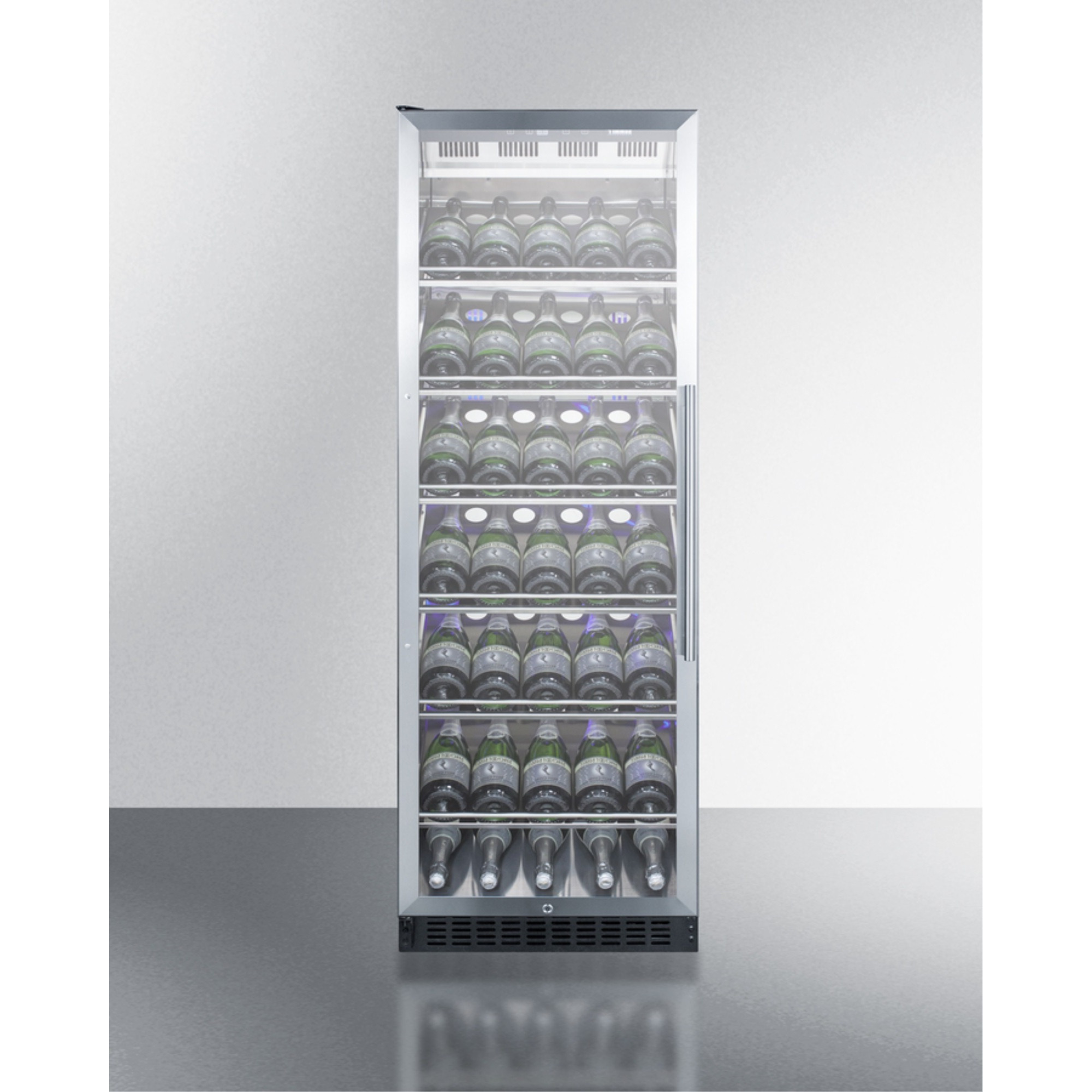 Commercial full-size wine cellar with champagne style shelving