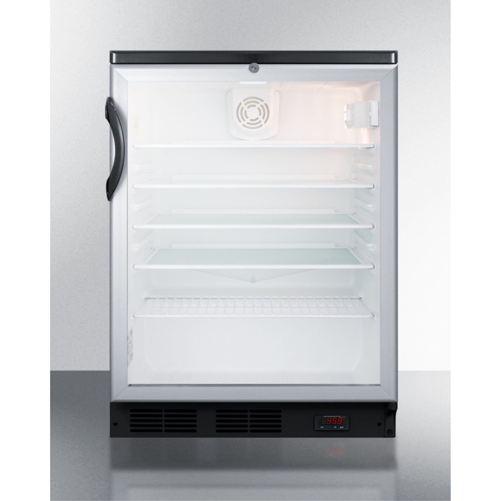 Commercial glass door built-in craft beer and wine refrigerator with digital thermostat, black cabinet, and lock