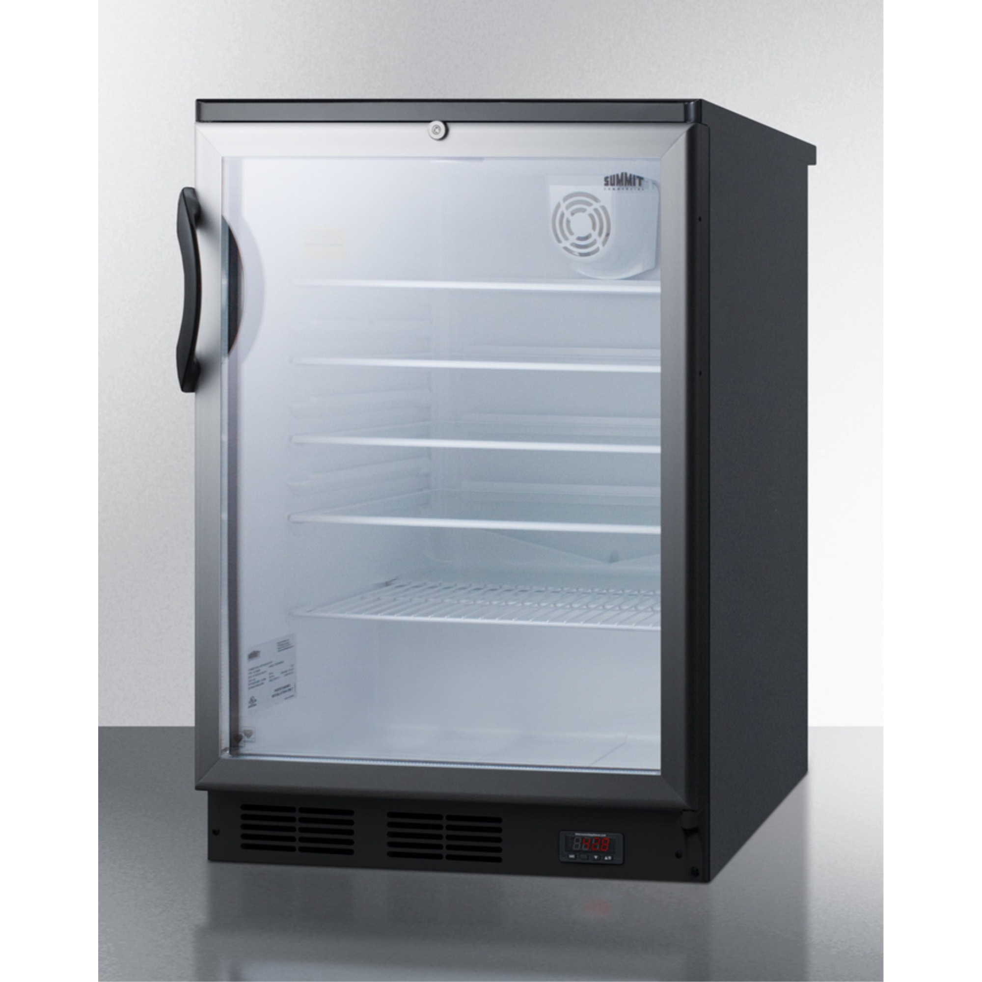 Commercial glass door built-in craft beer and wine refrigerator with digital thermostat, black cabinet, and lock