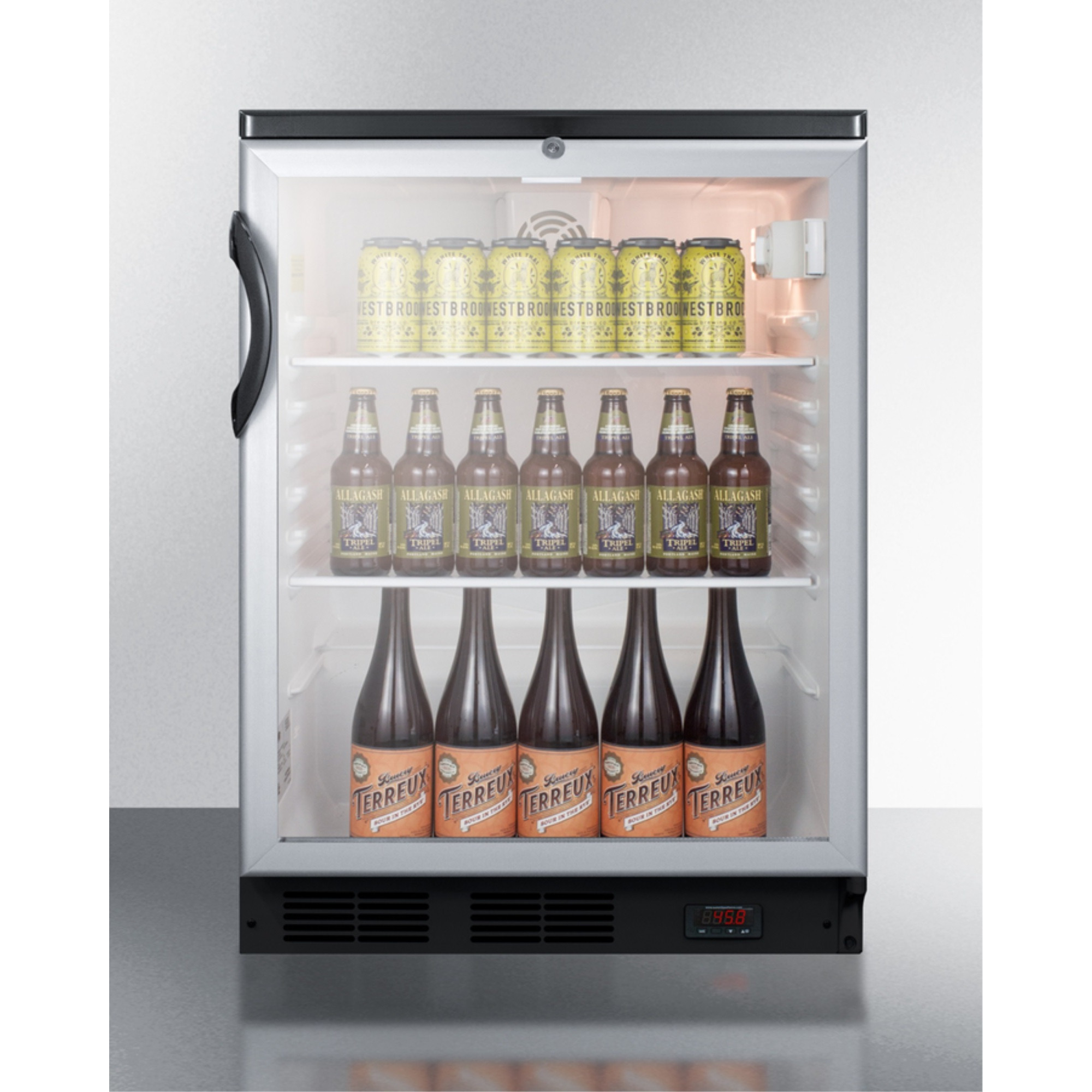 Commercial glass door built-in craft beer and wine refrigerator with digital thermostat, black cabinet, and lock
