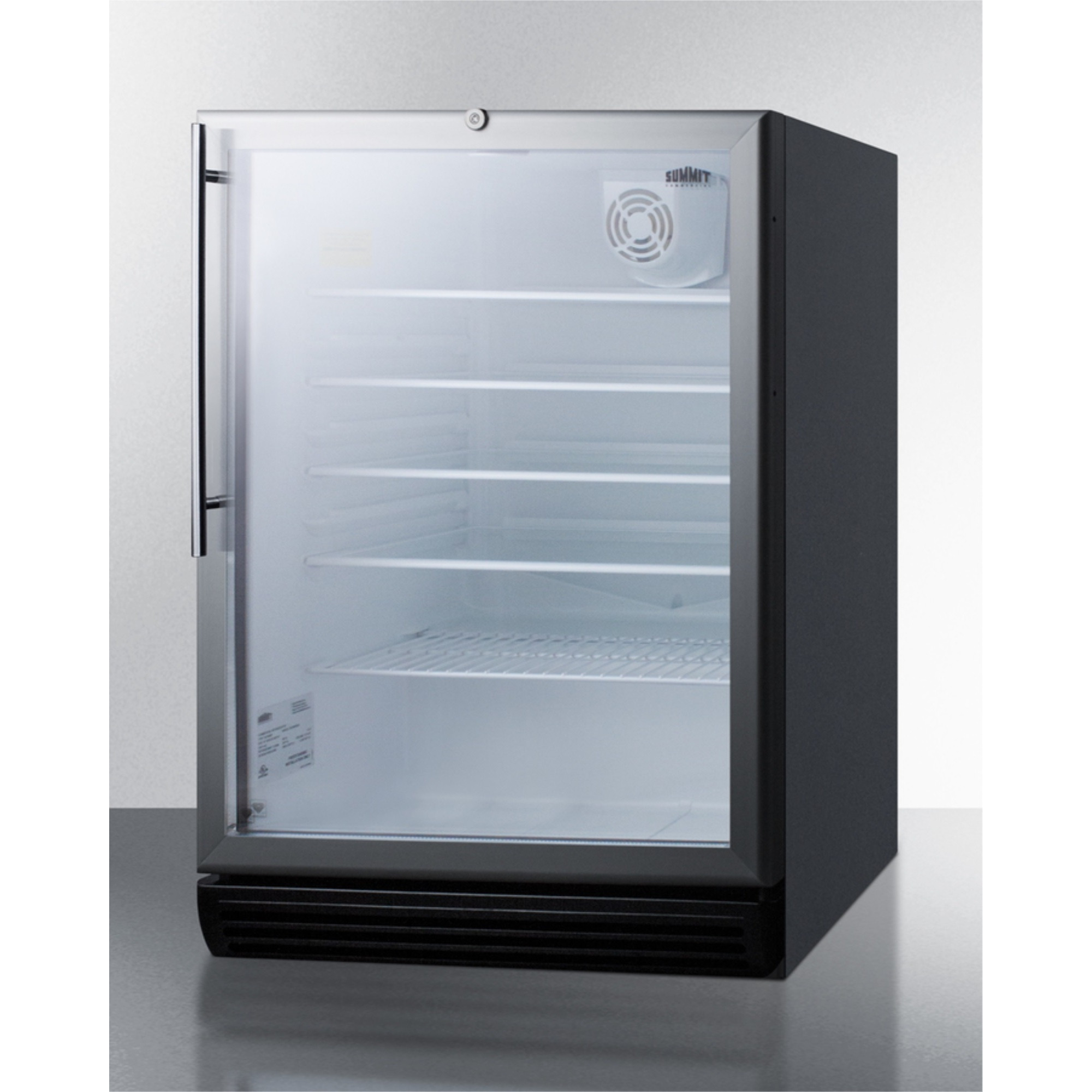Commercially listed ADA compliant built-in undercounter beverage center with black cabinet, glass door, stainless steel handle, and lock