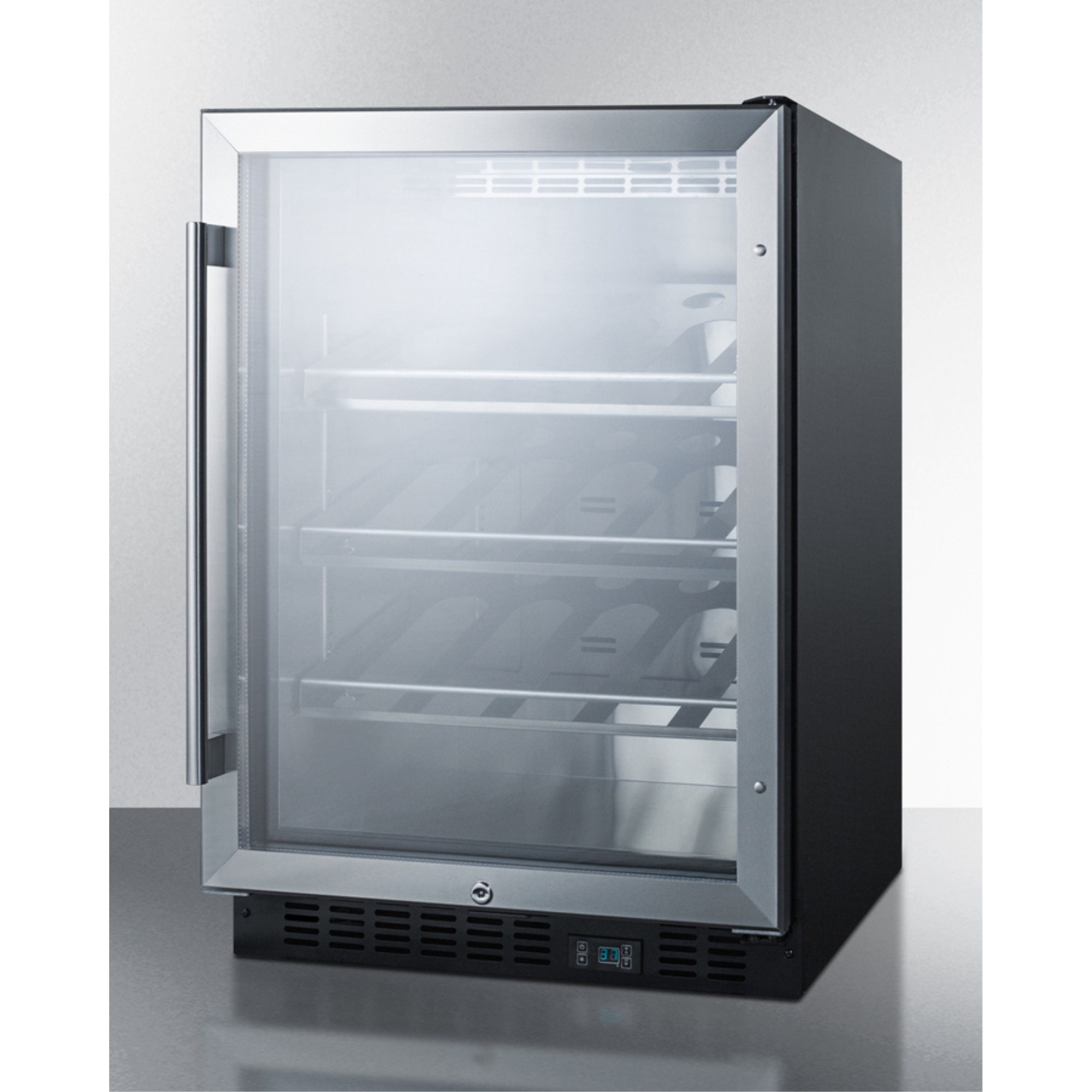 Commercial built-in undercounter wine cellar with champagne style shelving