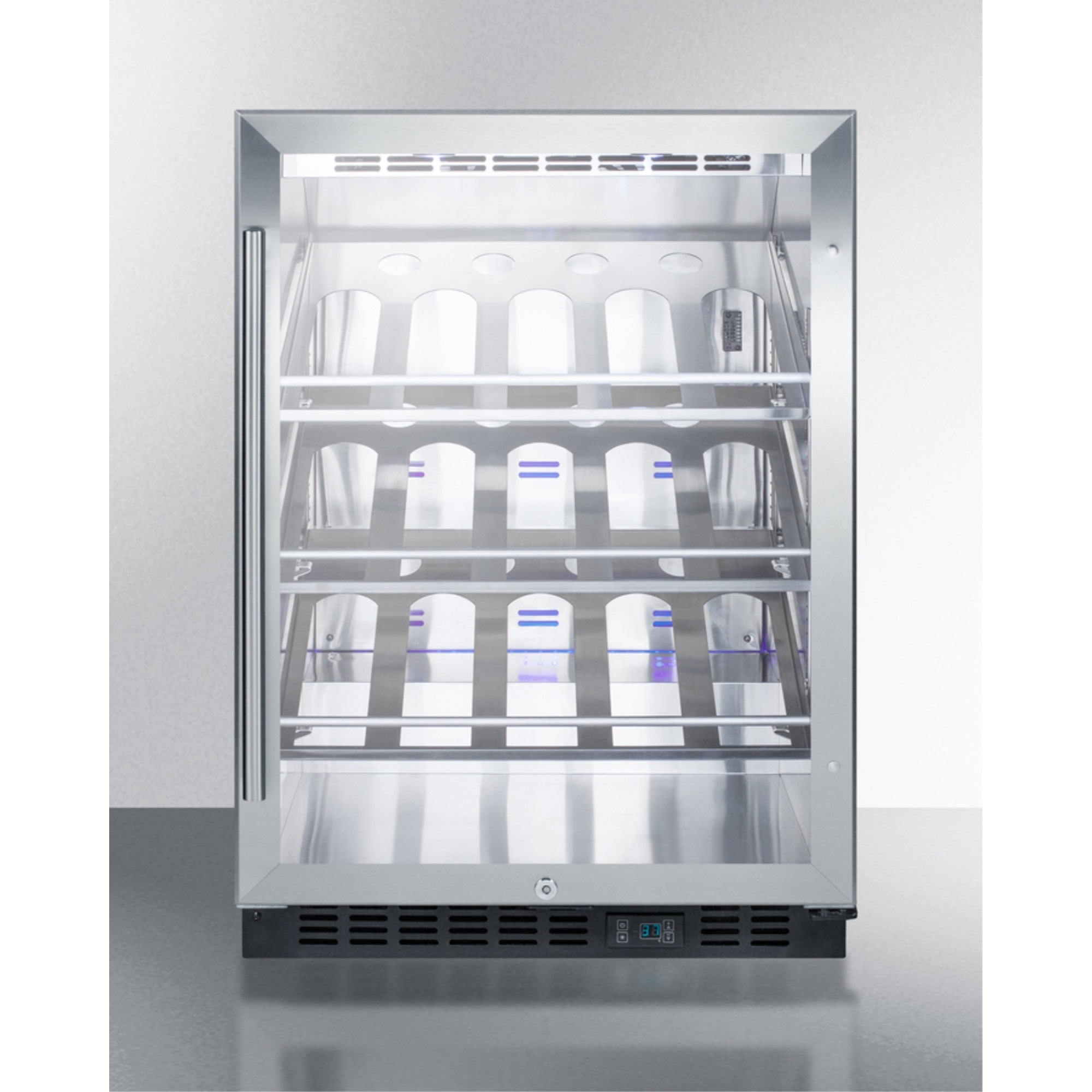 Commercial built-in undercounter wine cellar with champagne style shelving