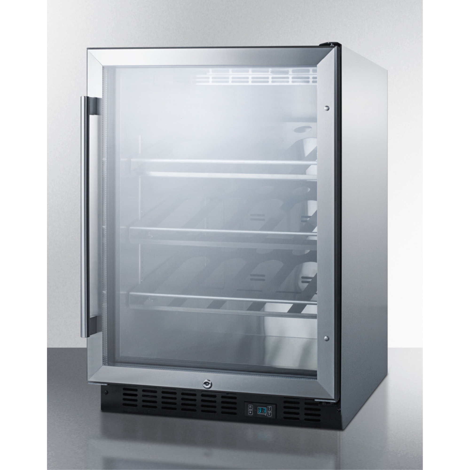 Commercial built-in undercounter wine cellar with champagne style shelving