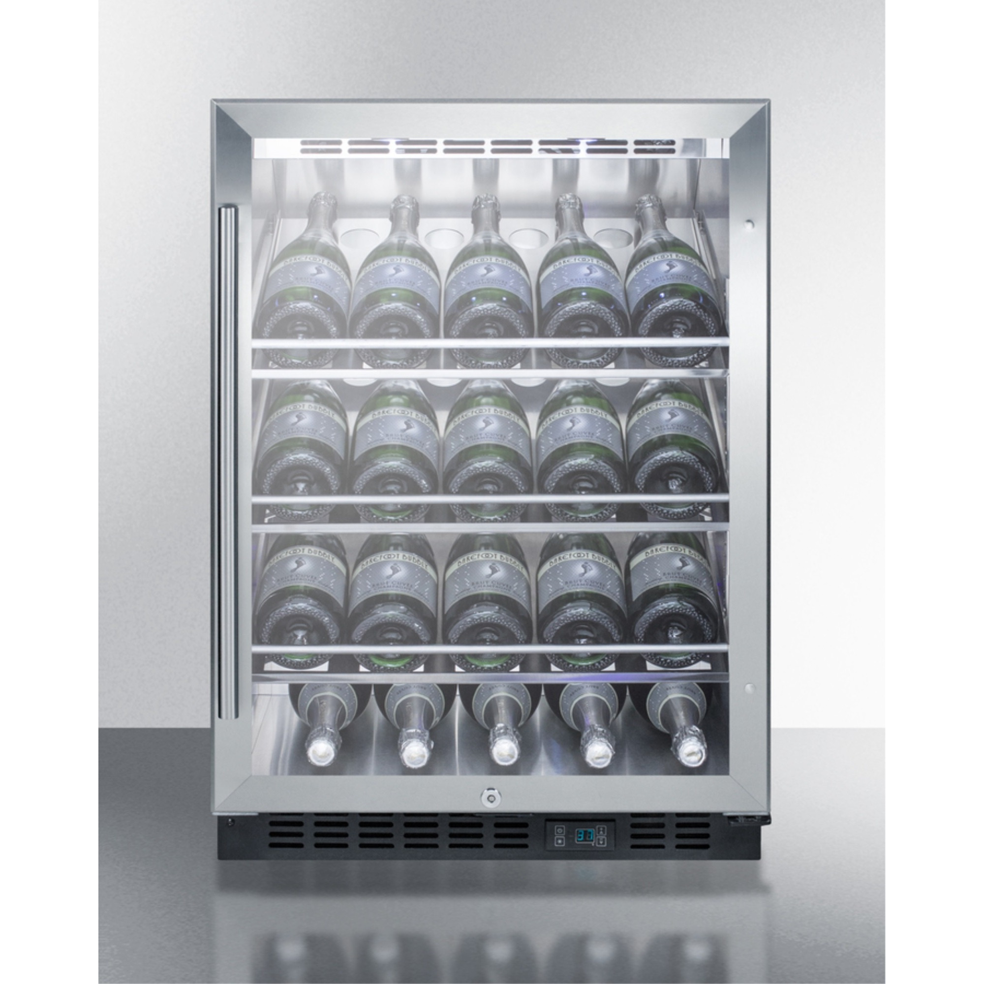 Commercial built-in undercounter wine cellar with champagne style shelving