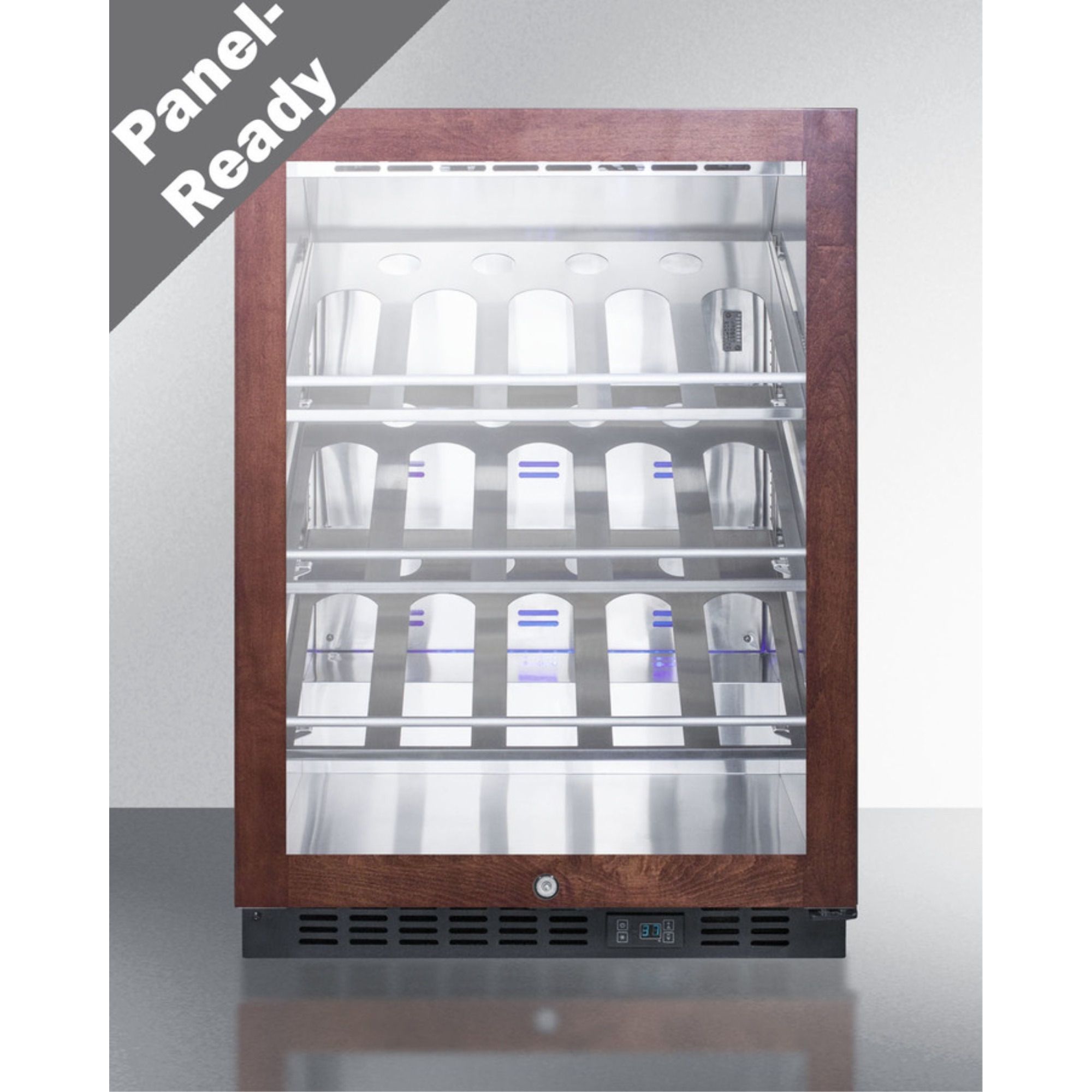 Commercial built-in undercounter wine cellar with champagne style shelving and panel-ready glass door