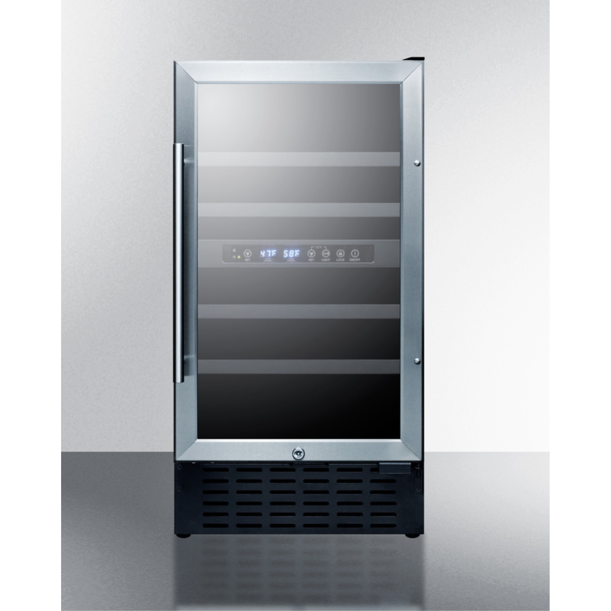 18" wide ADA compliant dual zone wine cellar for built-in or freestanding use, with digital controls, lock, and LED lighting