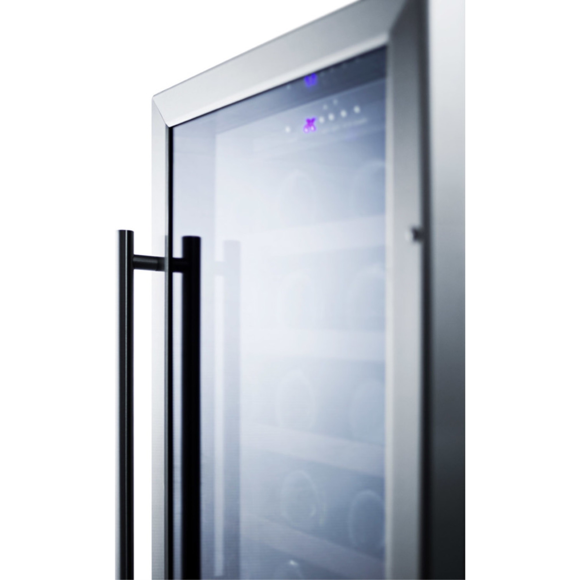18" wide wine cellar for built-in or freestanding use with stainless steel cabinet, digital controls, and LED lighting