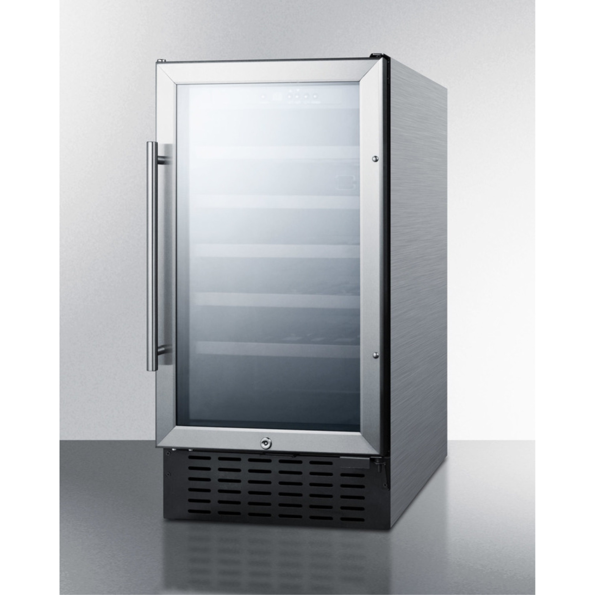 18" wide wine cellar for built-in or freestanding use with stainless steel cabinet, digital controls, and LED lighting