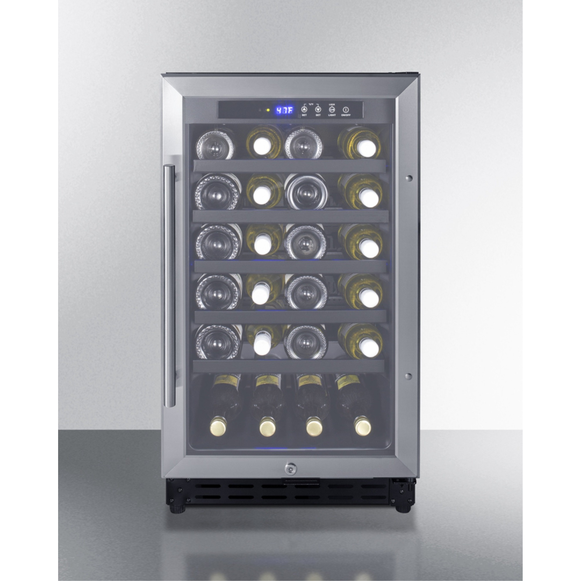 18" wide ADA compliant wine cellar for built-in or freestanding use with stainless steel cabinet, digital controls, and LED lighting