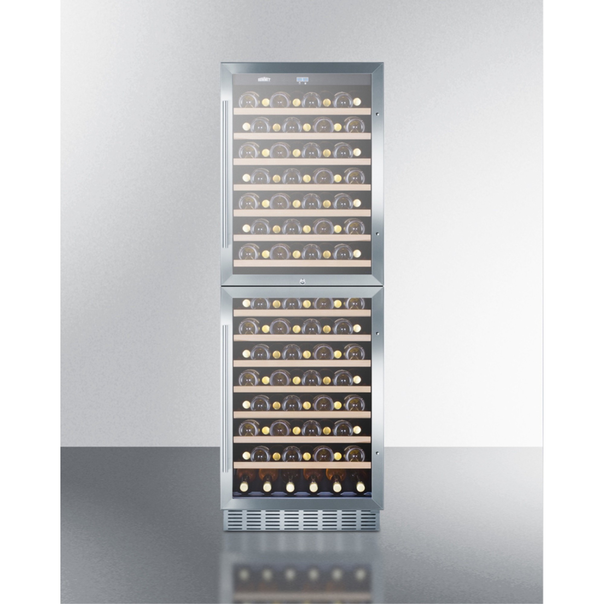 Dual zone 118 bottle wine cellar with two glass doors and digital thermostats for built-in or freestanding use
