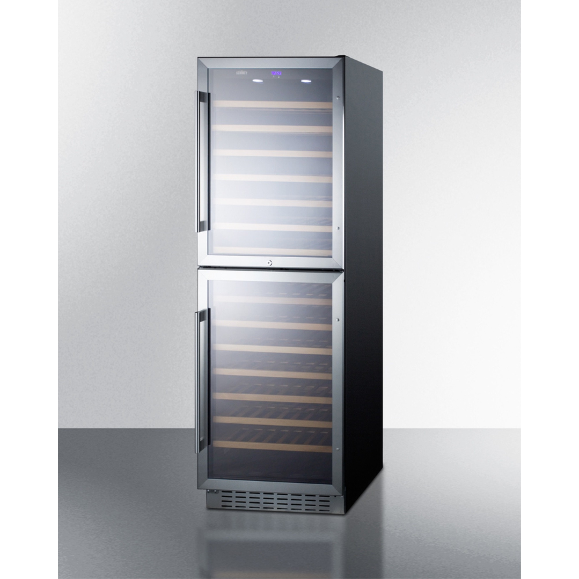 Dual zone 118 bottle wine cellar with two glass doors and digital thermostats for built-in or freestanding use