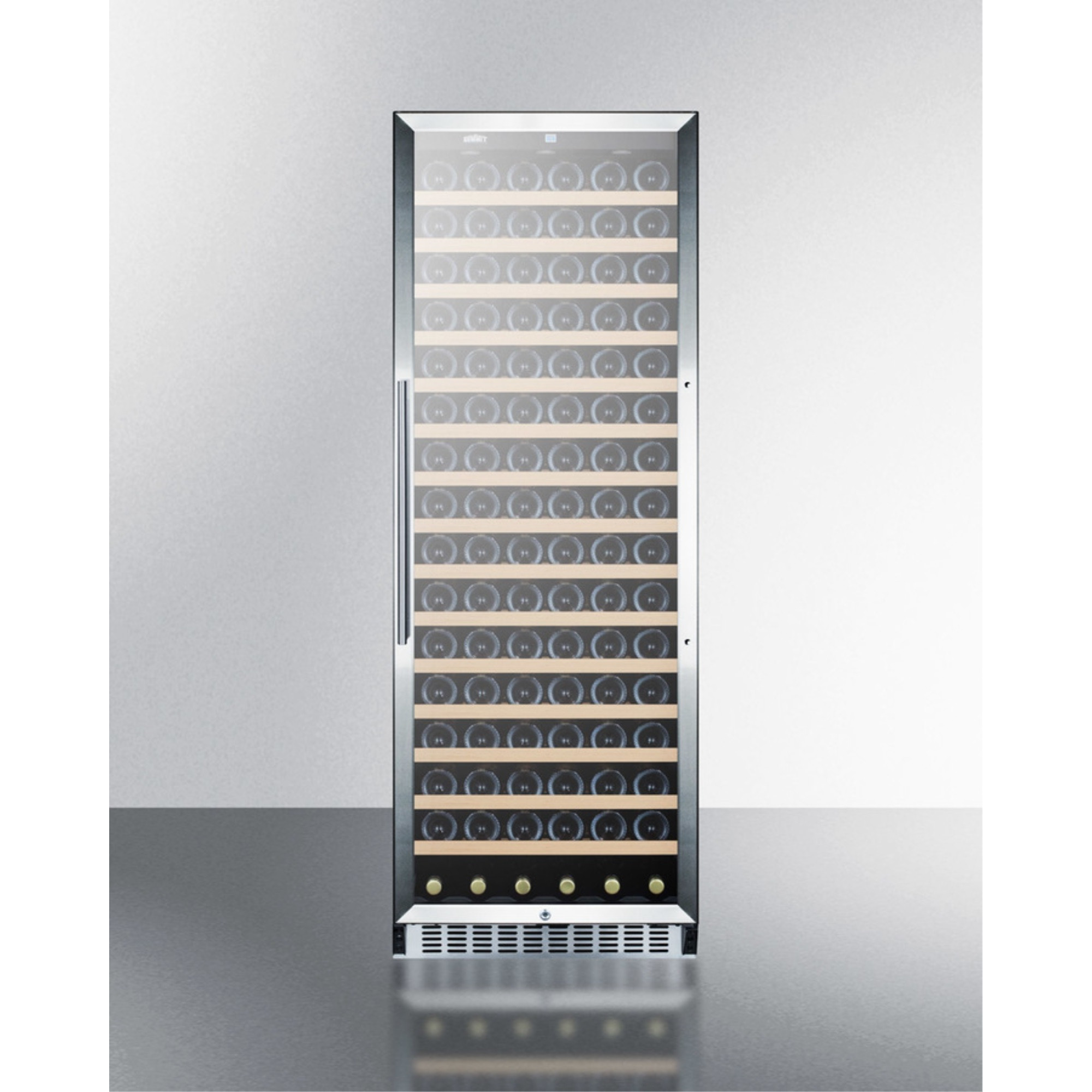 171 bottle single-zone wine cellar with glass door, digital thermostat, and black cabinet