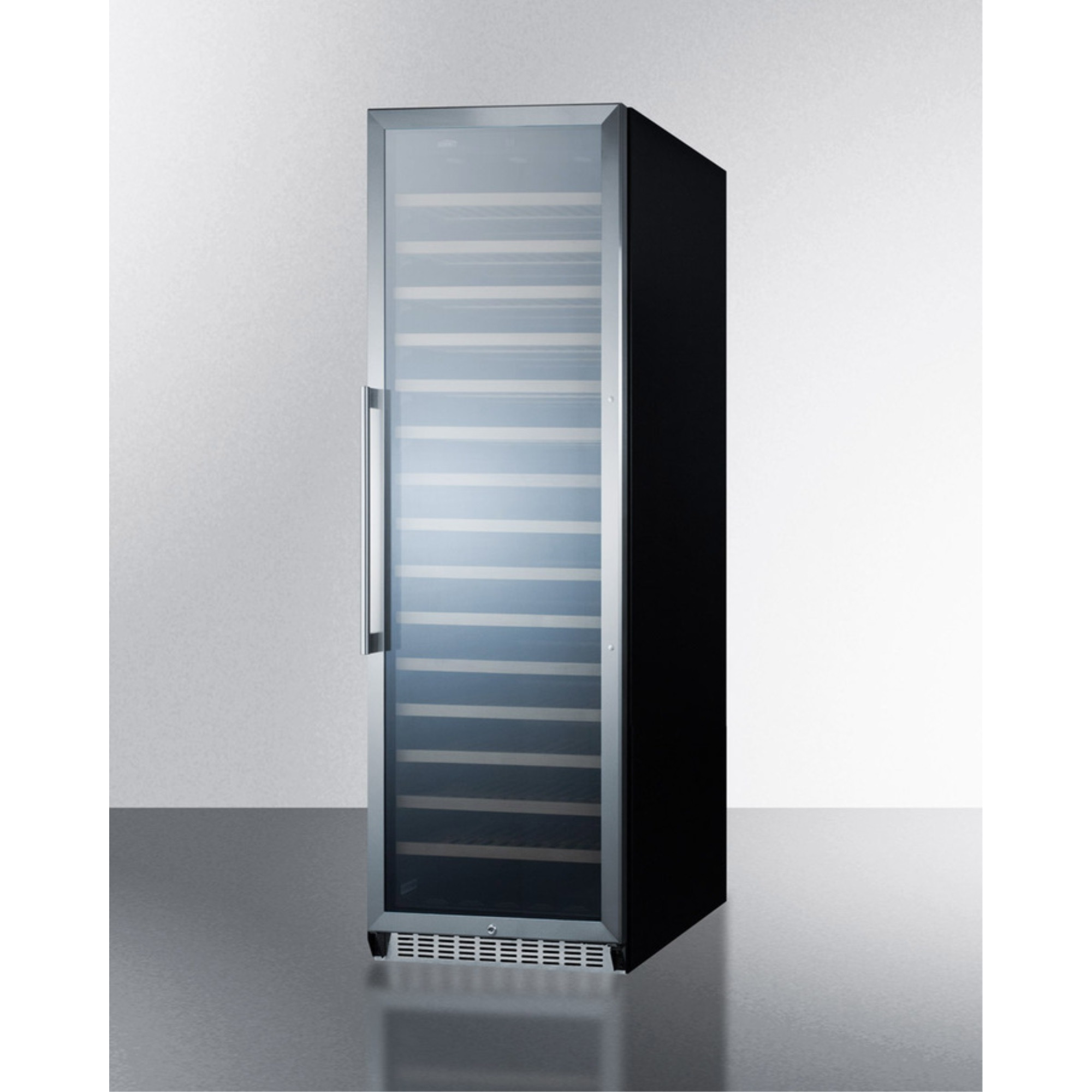171 bottle single-zone wine cellar with glass door, digital thermostat, and black cabinet