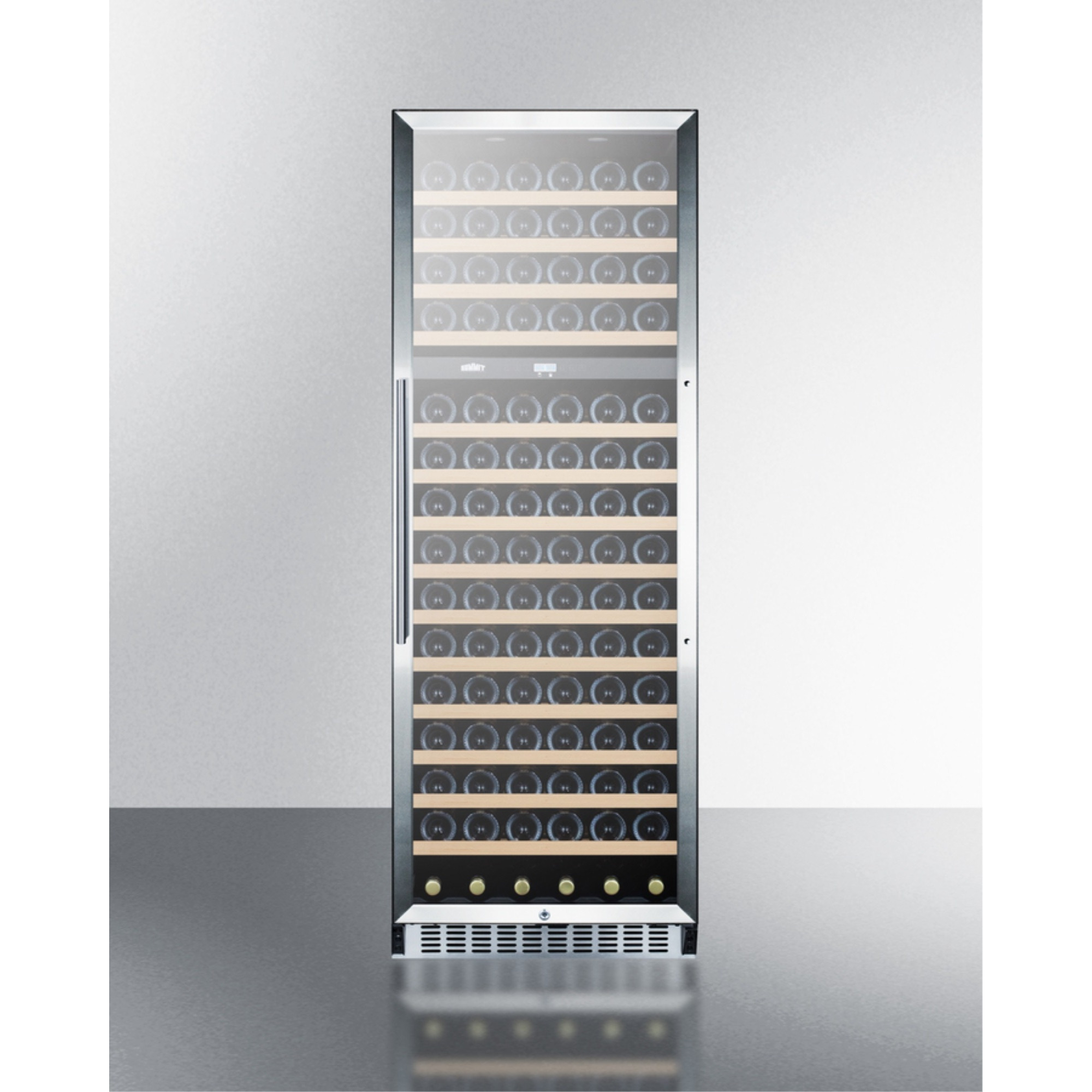 2-zone 160 bottle wine cellar with glass door, digital thermostat, and black cabinet