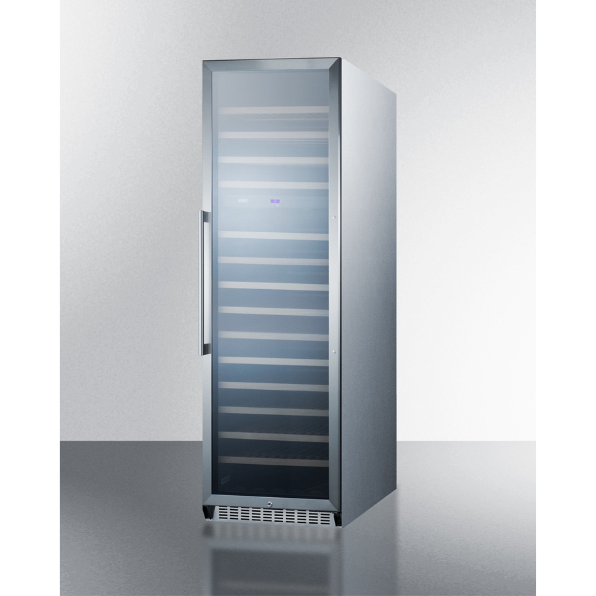 2-zone 160 bottle wine cellar with glass door, digital thermostat, and stainless steel wrapped cabinet
