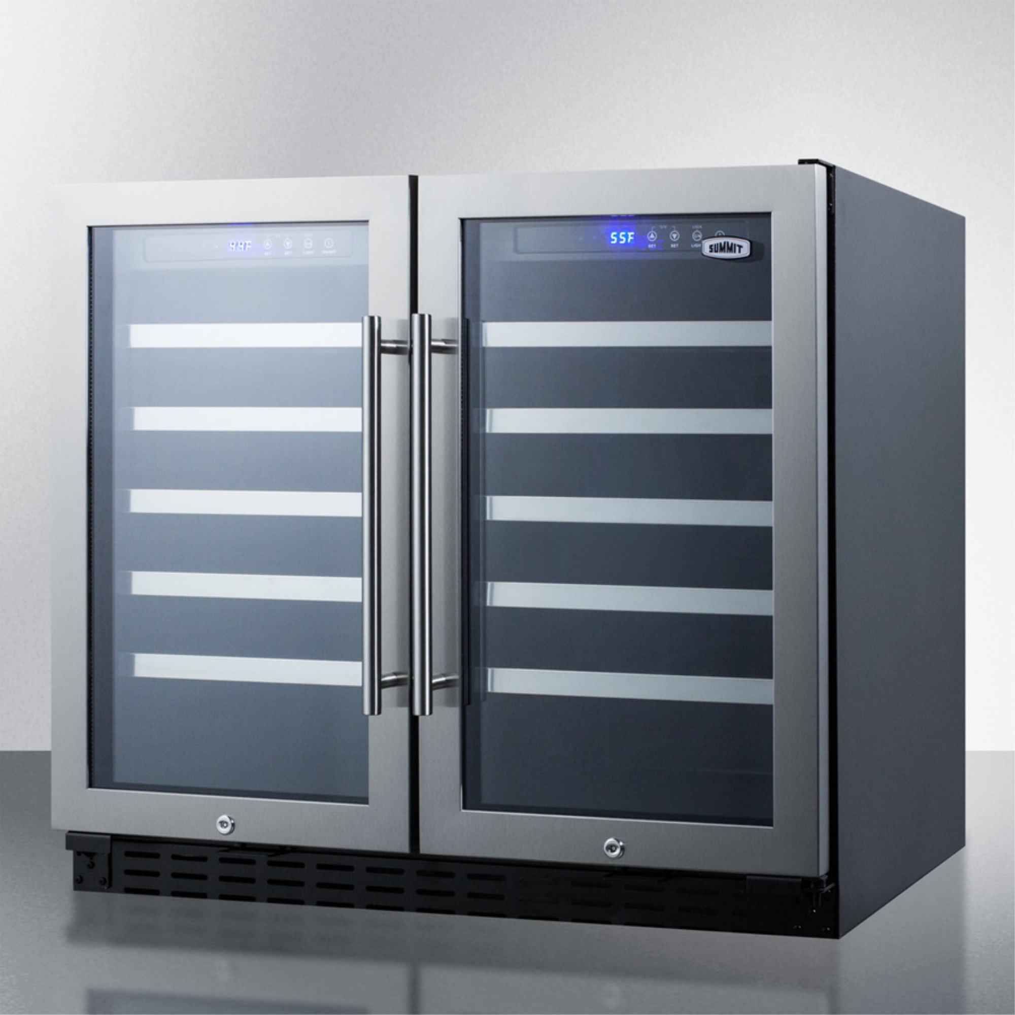 36" wide ADA compliant 68 bottle built-in dual zone wine cellar with two seamless stainless steel trimmed glass doors, digital controls, and locks