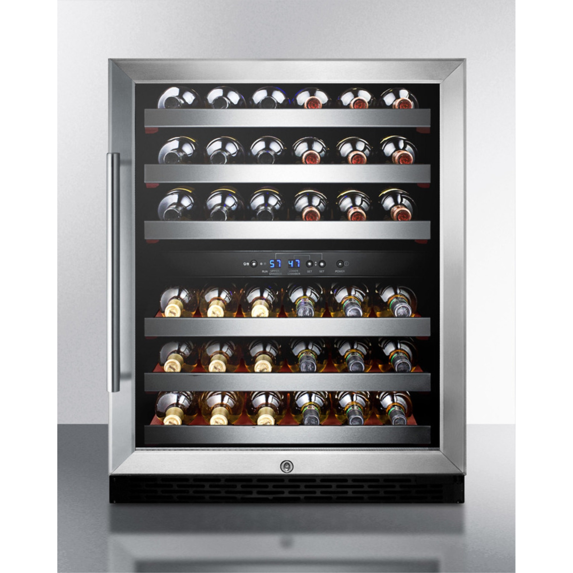ADA compliant dual zone built-in wine cellar with digital thermostat, stainless steel trimmed shelves and black cabinet