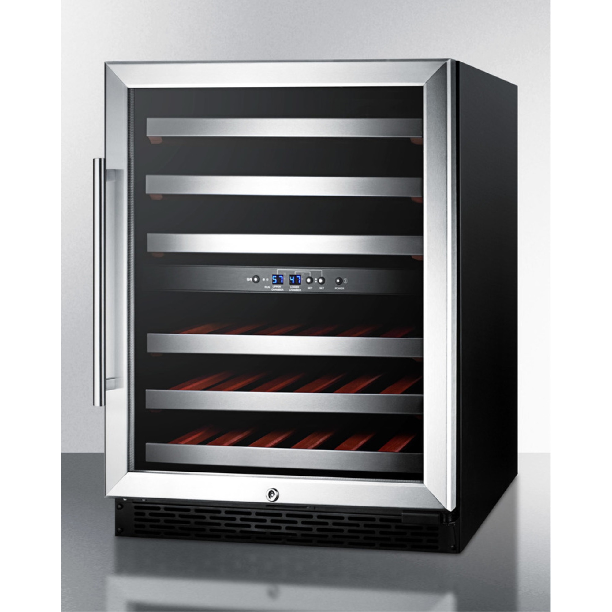 ADA compliant dual zone built-in wine cellar with digital thermostat, stainless steel trimmed shelves and black cabinet