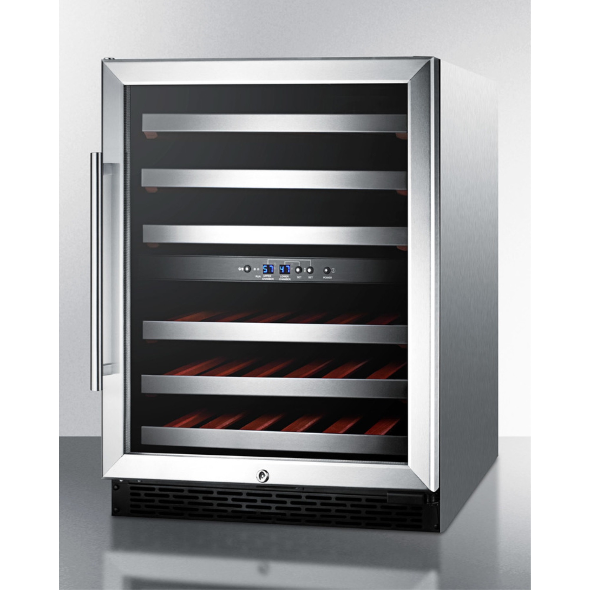 ADA compliant dual zone built-in wine cellar with digital thermostat, stainless steel trimmed shelves, and stainless steel wrapped cabinet