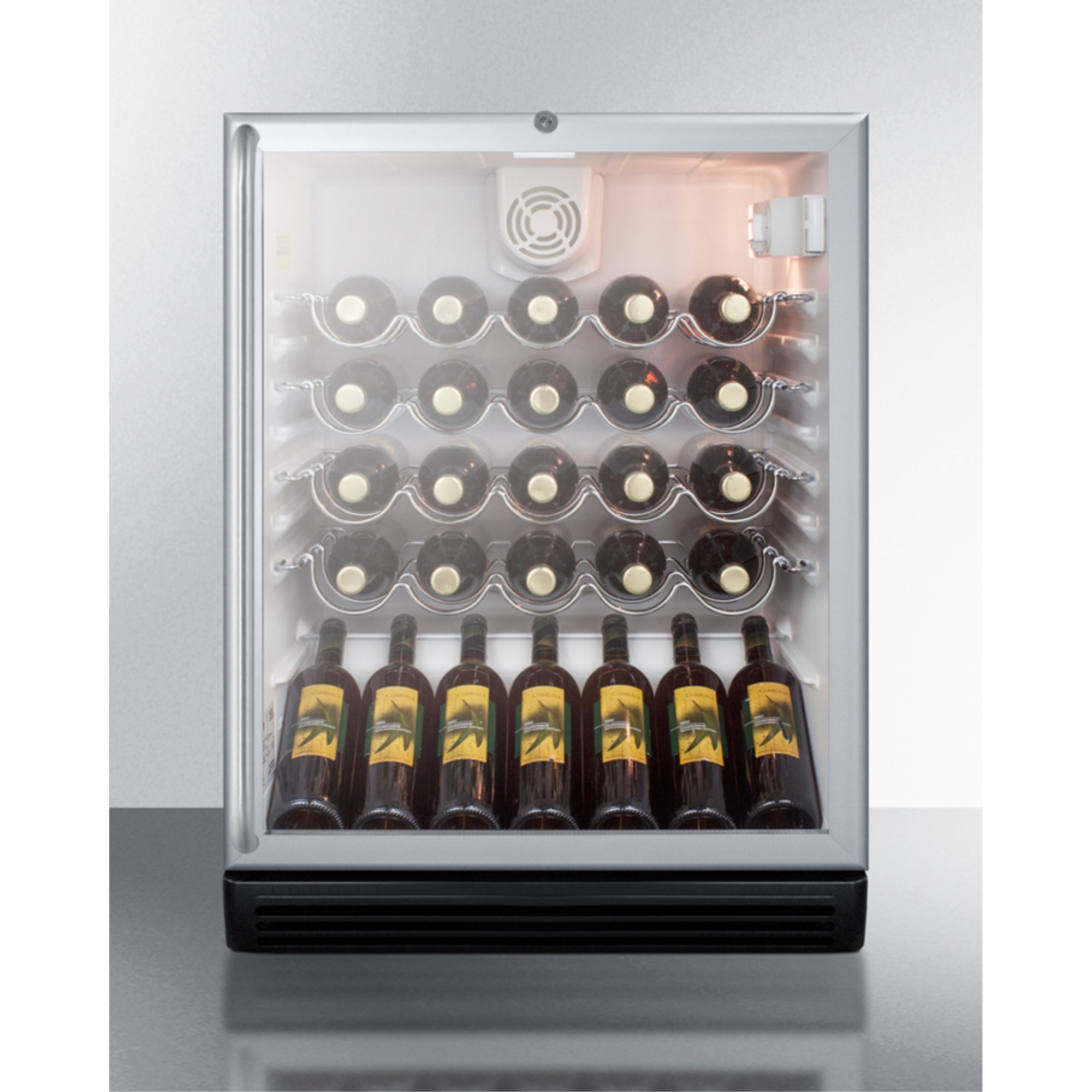 ADA compliant, commercially approved wine cellar for freestanding use with glass door, black cabinet, and full length handle