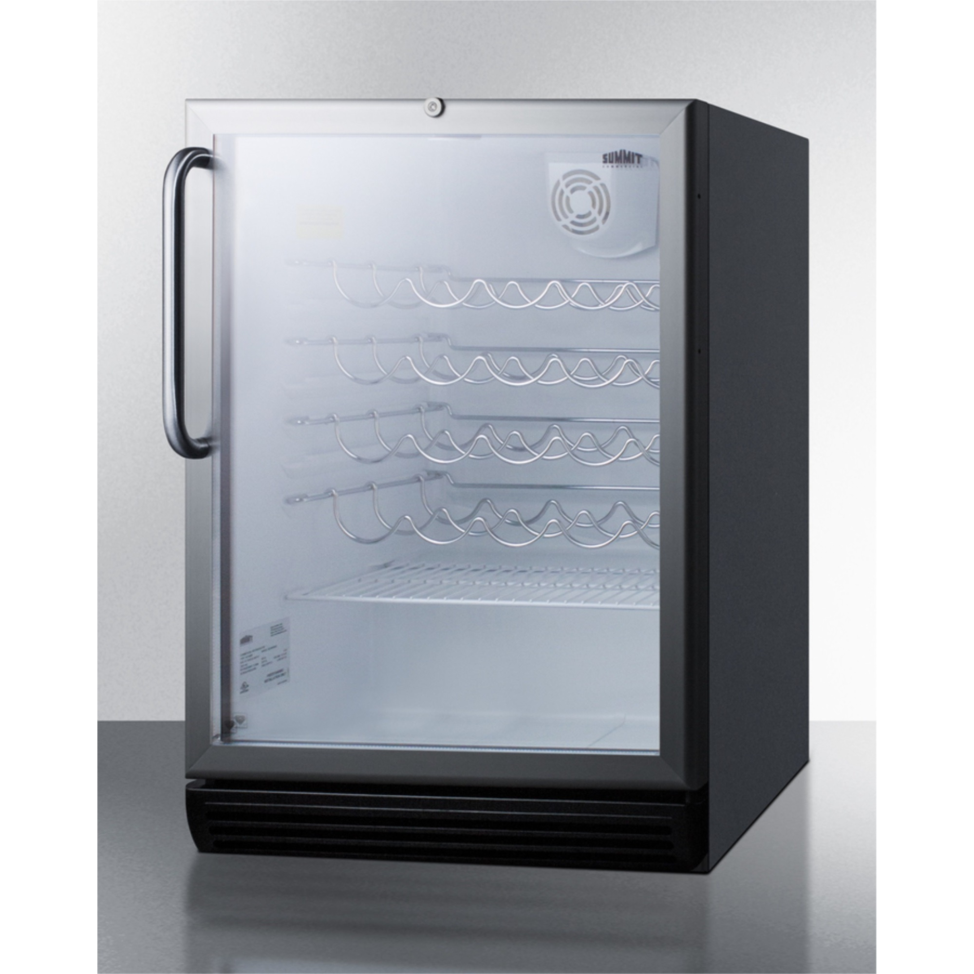 ADA compliant, commercially approved wine cellar for freestanding use with glass door, black cabinet, and towel bar handle