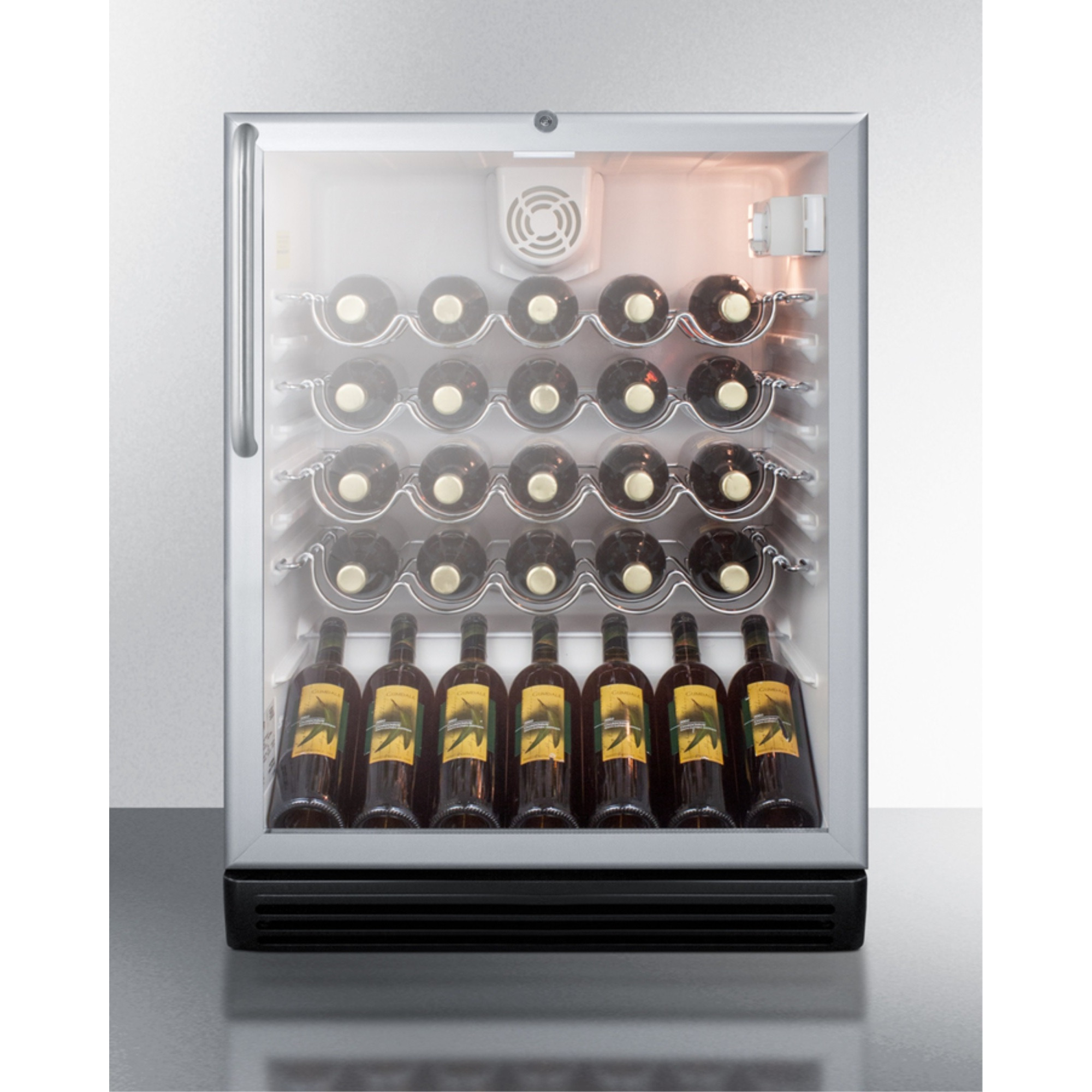 ADA compliant, commercially approved wine cellar for freestanding use with glass door, black cabinet, and towel bar handle