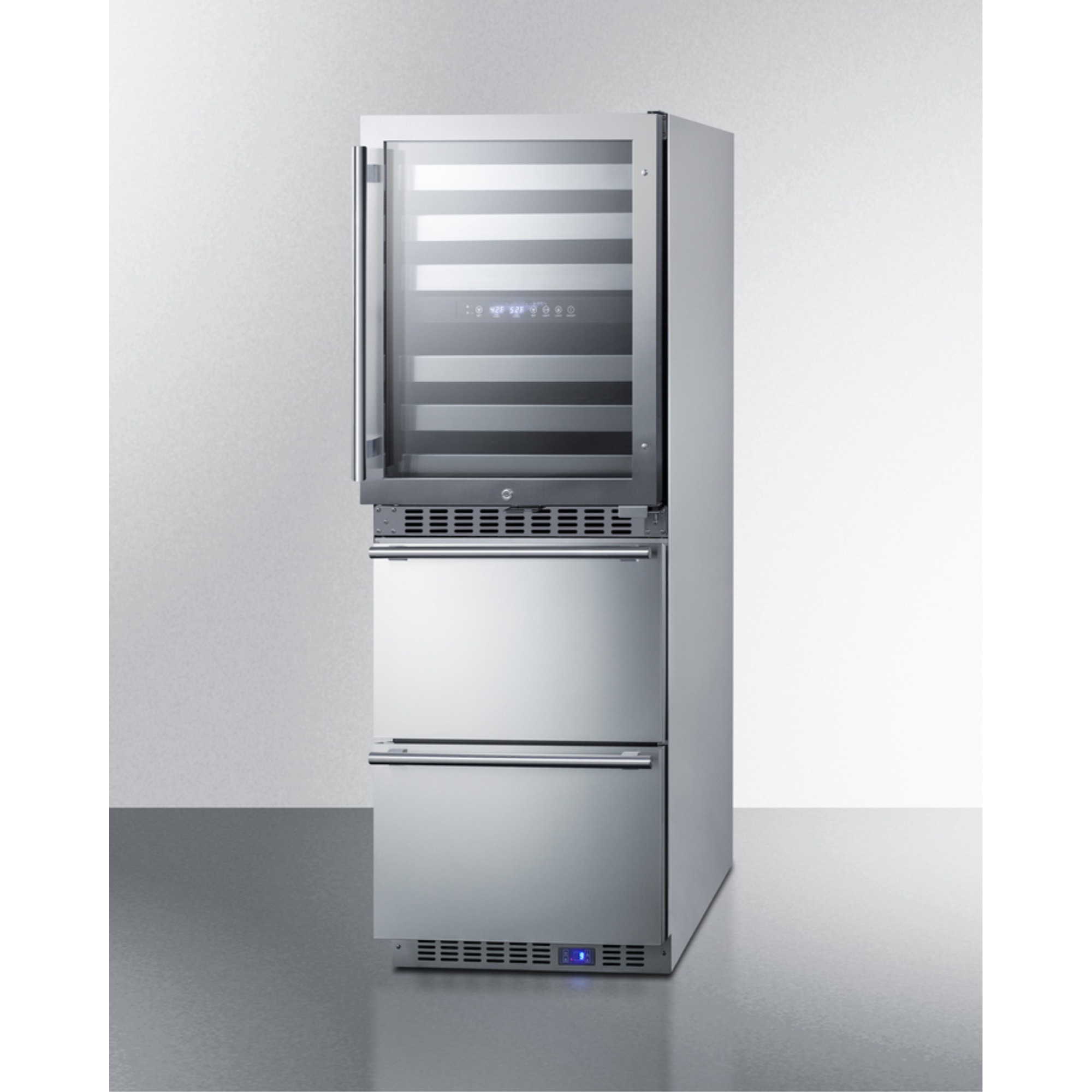 24" wide combination built-in/freestanding upright dual zone glass door wine cellar and 2-drawer freezer in stainless steel