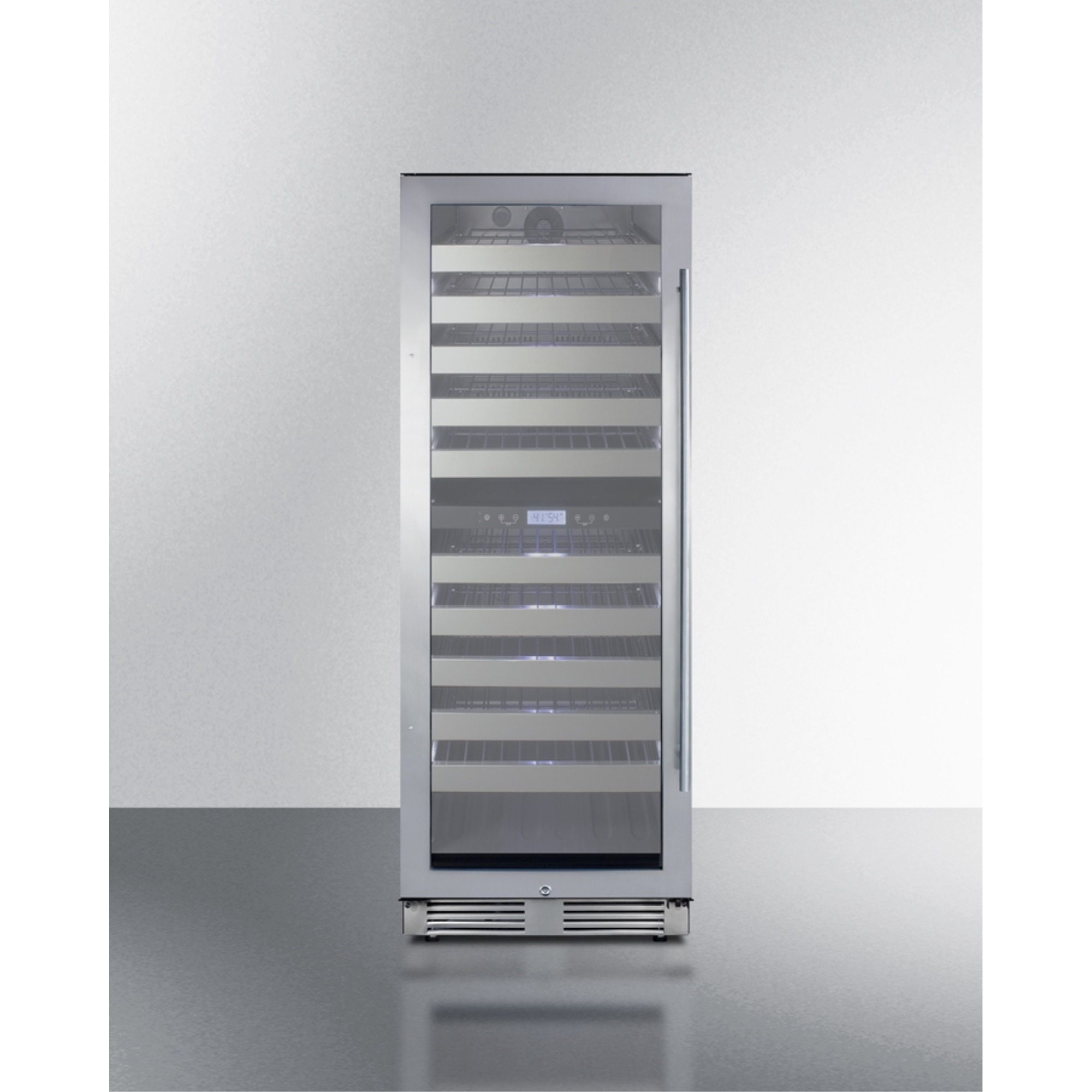 Commercially approved dual zone wine cellar for built-in or freestanding use with seamless stainless steel door and full-extension shelving
