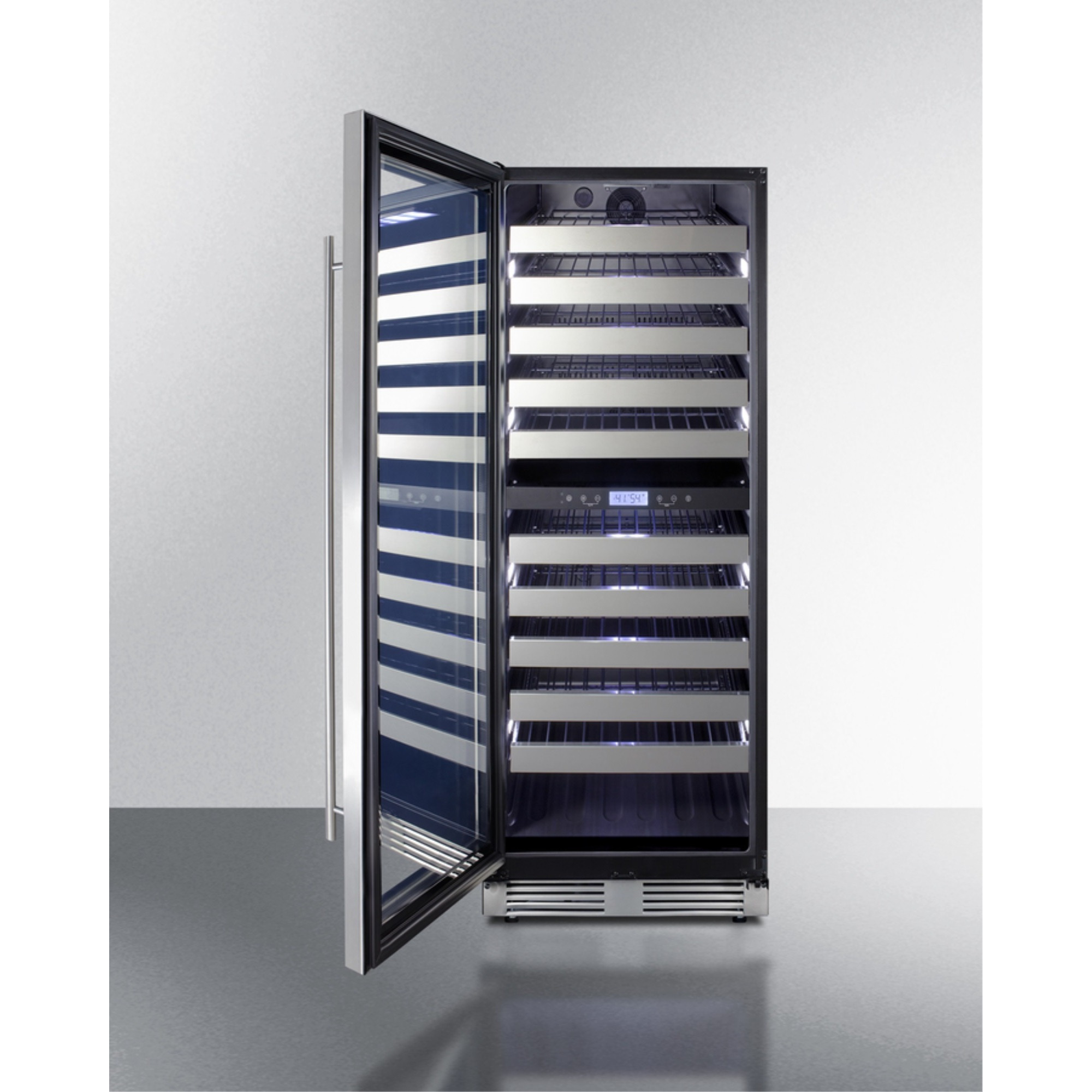 Commercially approved dual zone wine cellar for built-in or freestanding use with seamless stainless steel door and full-extension shelving