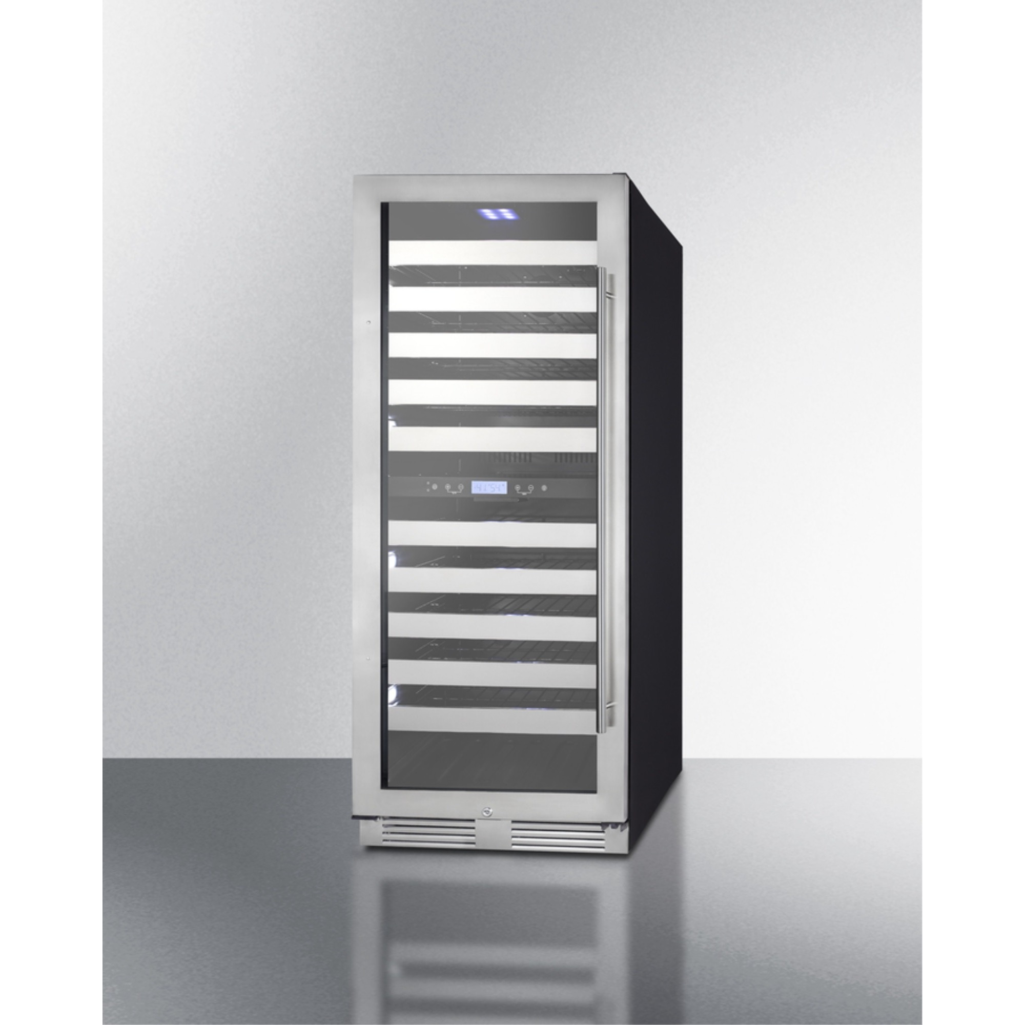 Commercially approved dual zone wine cellar for built-in or freestanding use with seamless stainless steel door and full-extension shelving