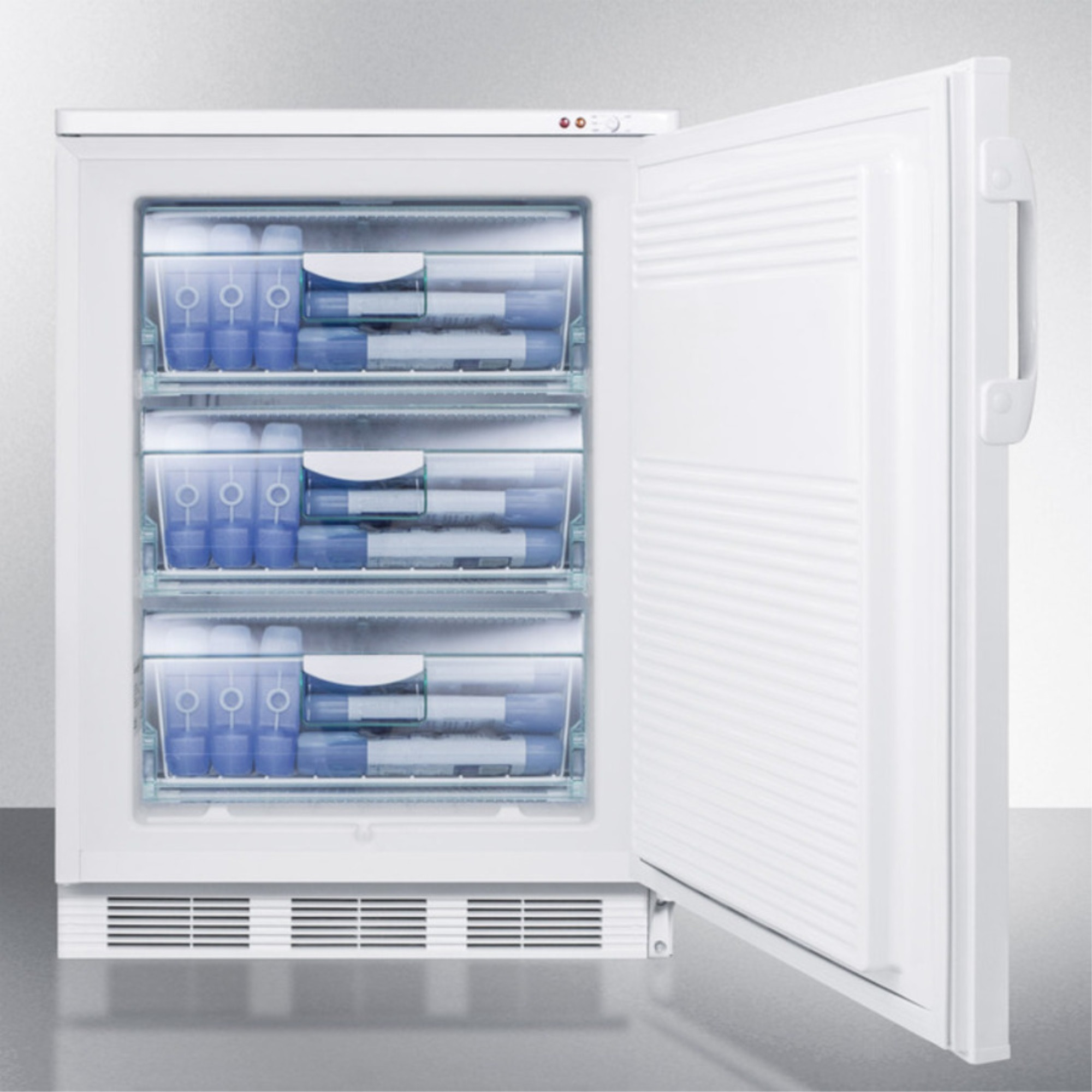 Freestanding medical all-freezer capable of -25 C operation with front-mounted lock