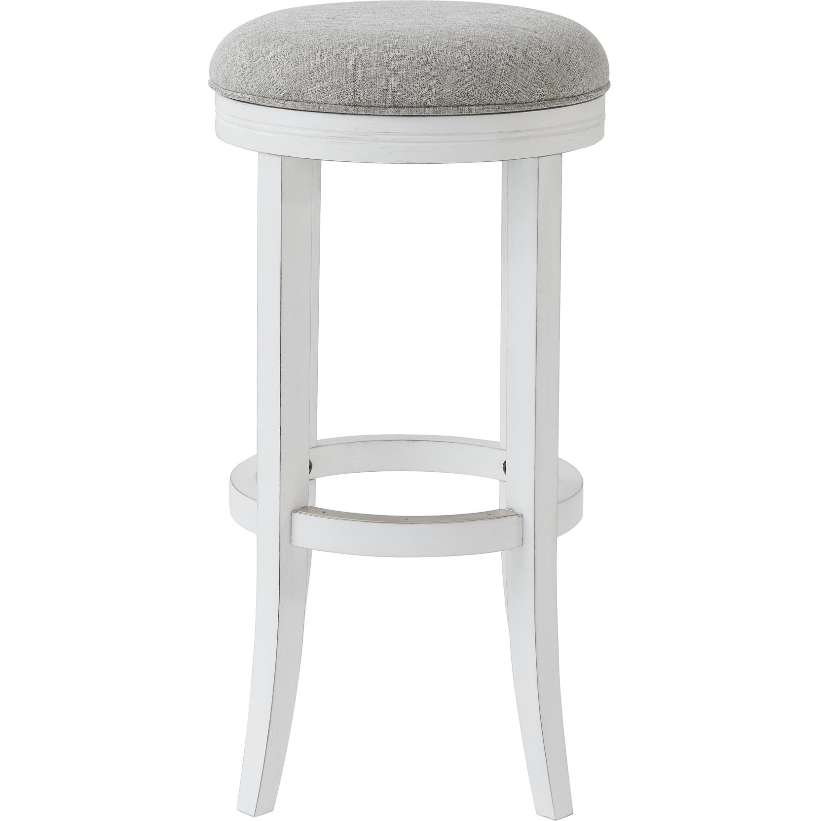 New Ridge Home Goods Avery 30in. Bar-Height Wood Backless Barstool with Upholstered Grey Swivel Seat, White Frame