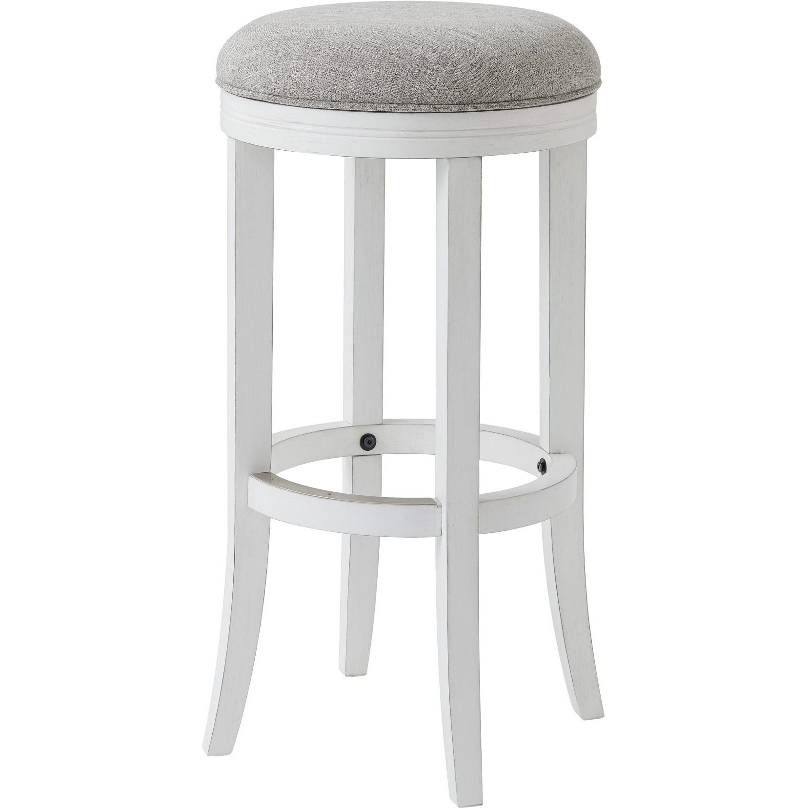 New Ridge Home Goods Avery 30in. Bar-Height Wood Backless Barstool with Upholstered Grey Swivel Seat, White Frame