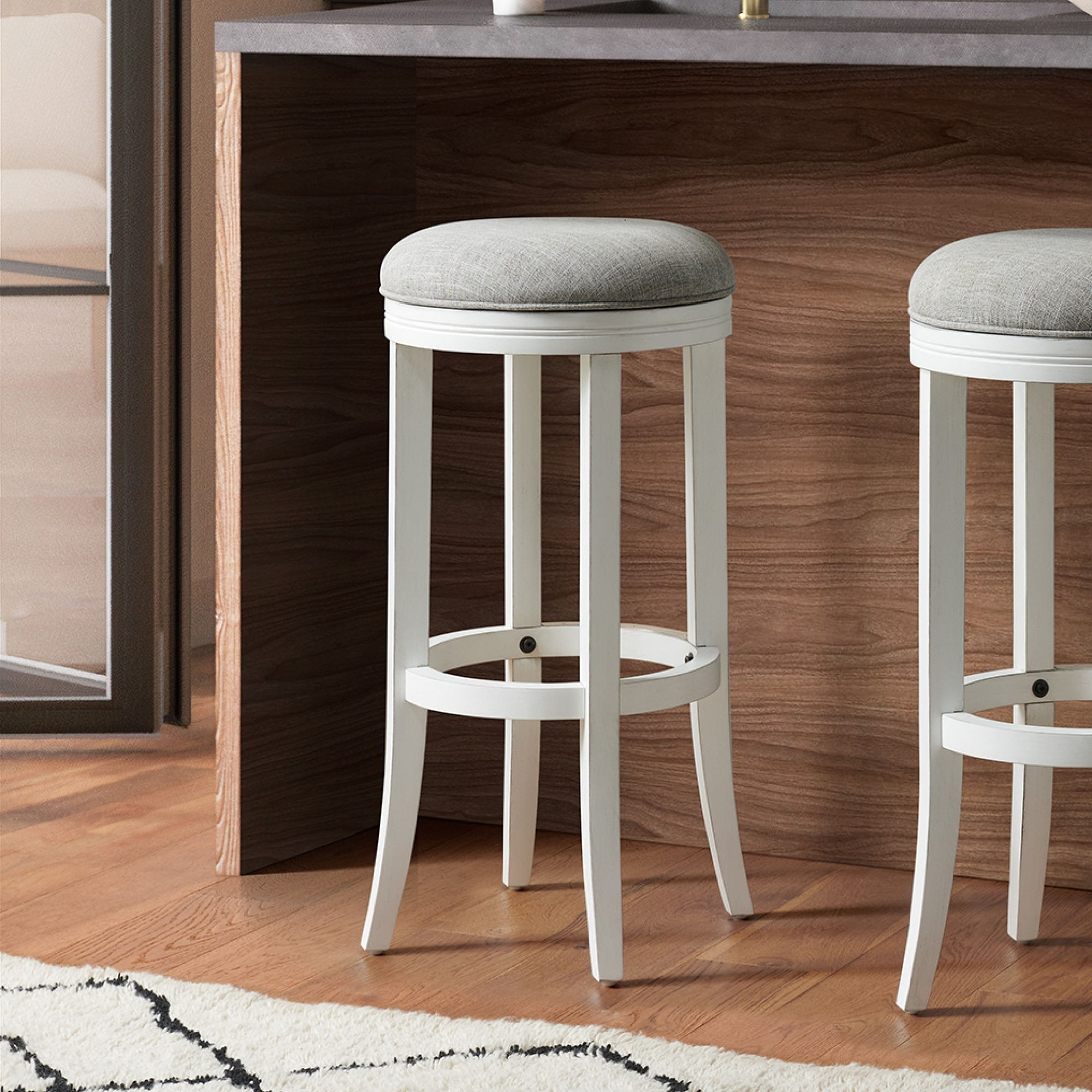 New Ridge Home Goods Avery 30in. Bar-Height Wood Backless Barstool with Upholstered Grey Swivel Seat, White Frame
