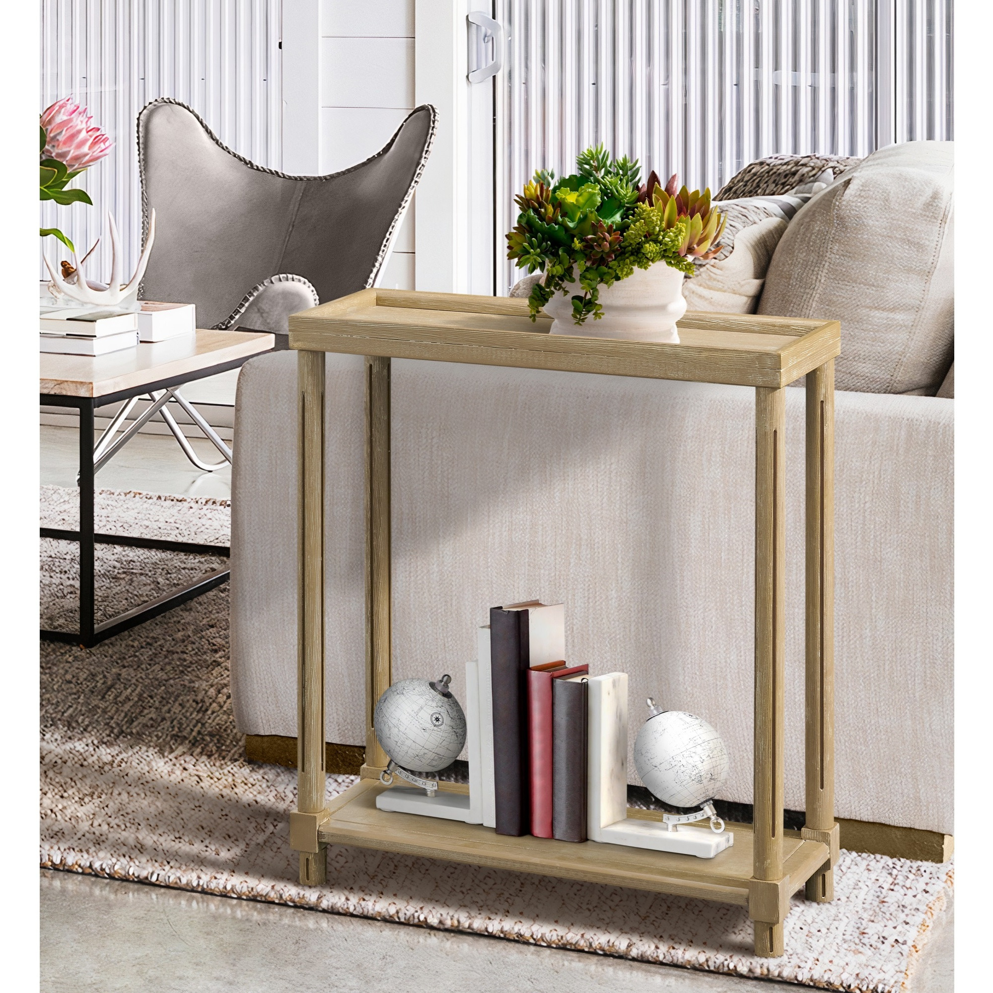New Ridge Home Goods Harrison Narrow Side End Tables with Shelf, Set of 2, Distressed Oak