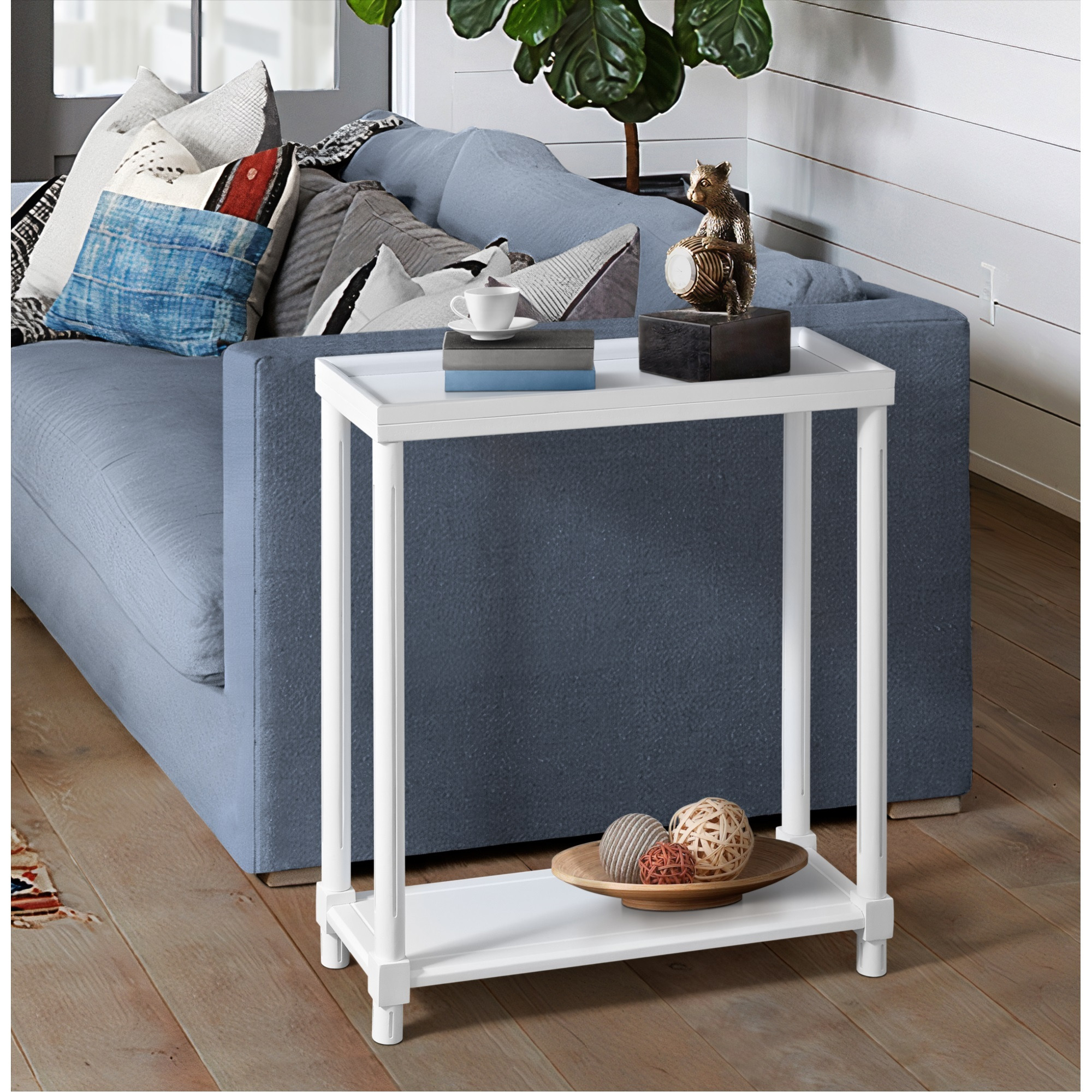 New Ridge Home Goods Harrison Narrow Side End Tables with Shelf, Set of 2, White