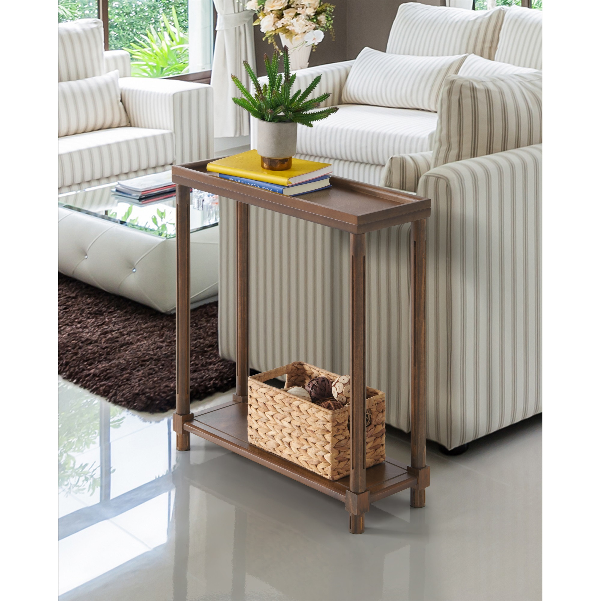 New Ridge Home Goods Harrison Narrow Side End Tables with Shelf, Set of 2, Antique Chestnut