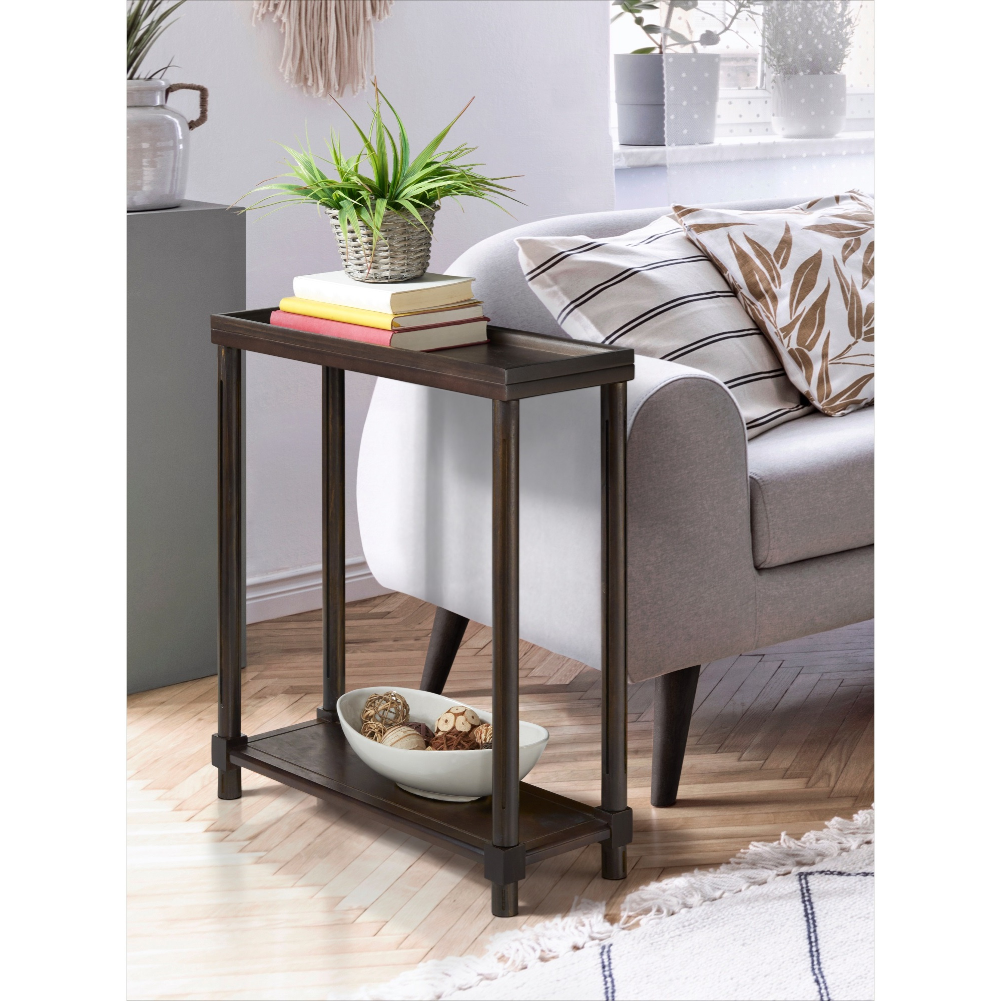 New Ridge Home Goods Harrison Narrow Side End Tables with Shelf, Set of 2,  Espresso