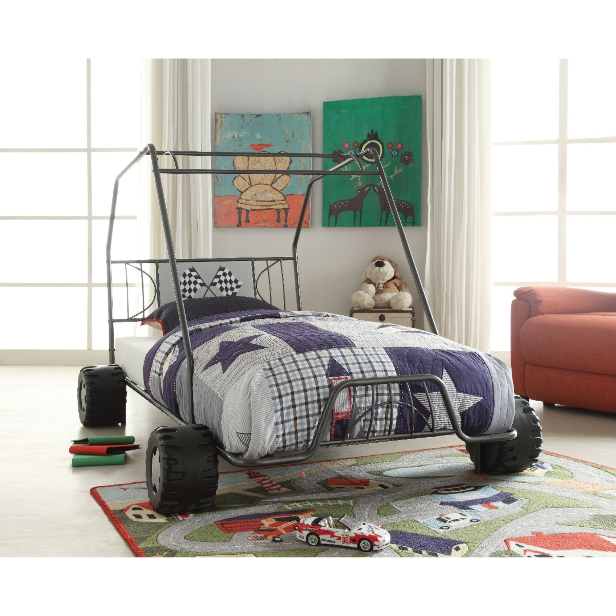 Metal Go Kart Style Twin Bed, Black