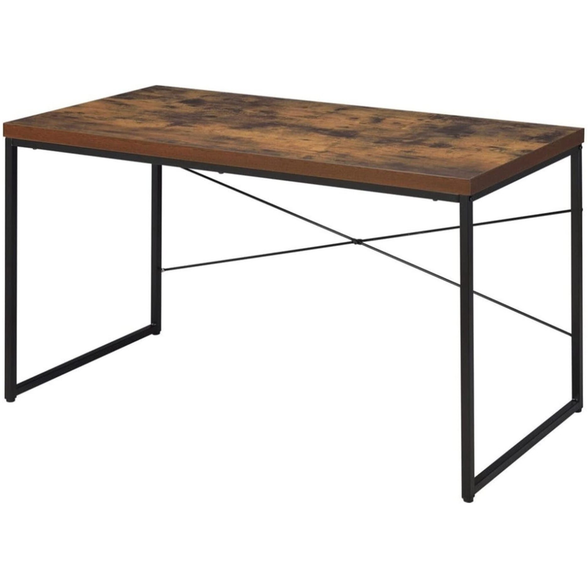 Rectangular Wooden Desk With Metal Base, Weathered Oak Brown And Black