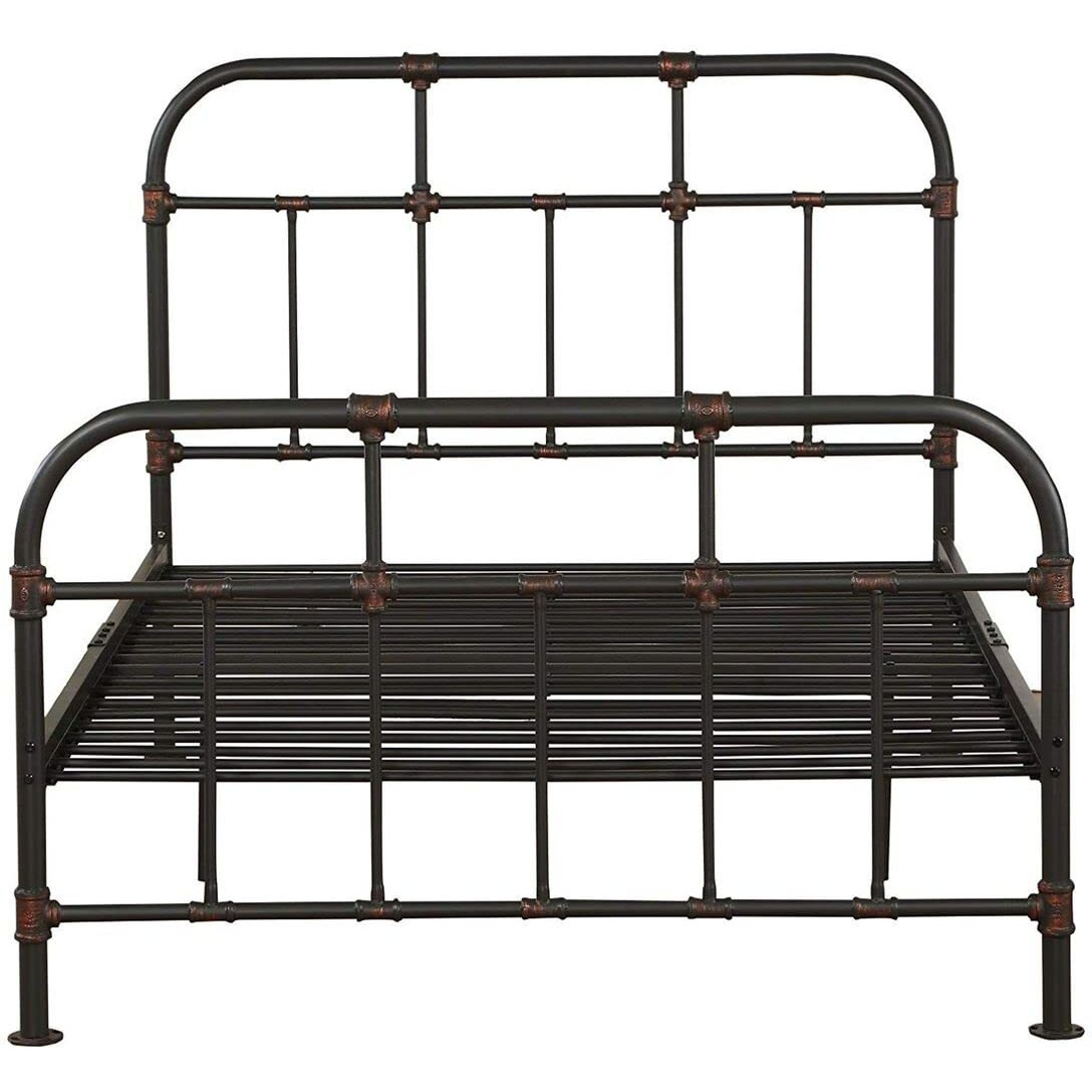 Industrial Pipe Detailed Metal Full Size Bed, Sandy Gray