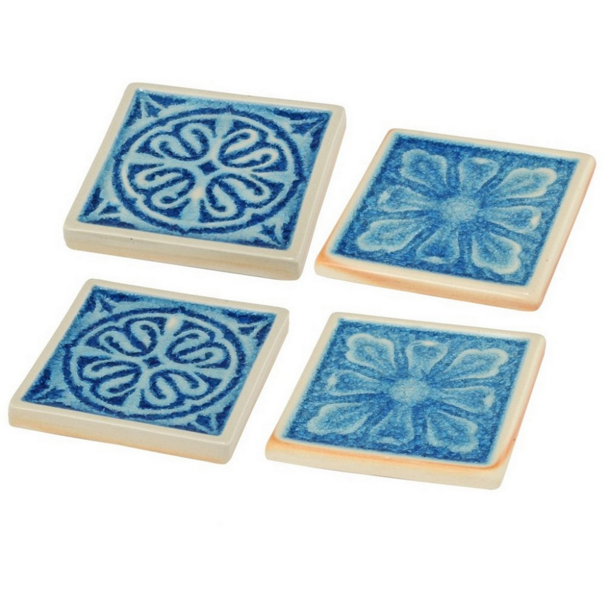 Square Shaped Ceramic Coaster with Intricate Detail, Blue and Cream, Set of Four