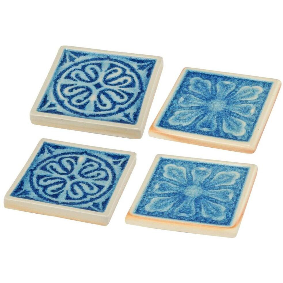 Square Shaped Ceramic Coaster with Intricate Detail, Blue and Cream, Set of Four