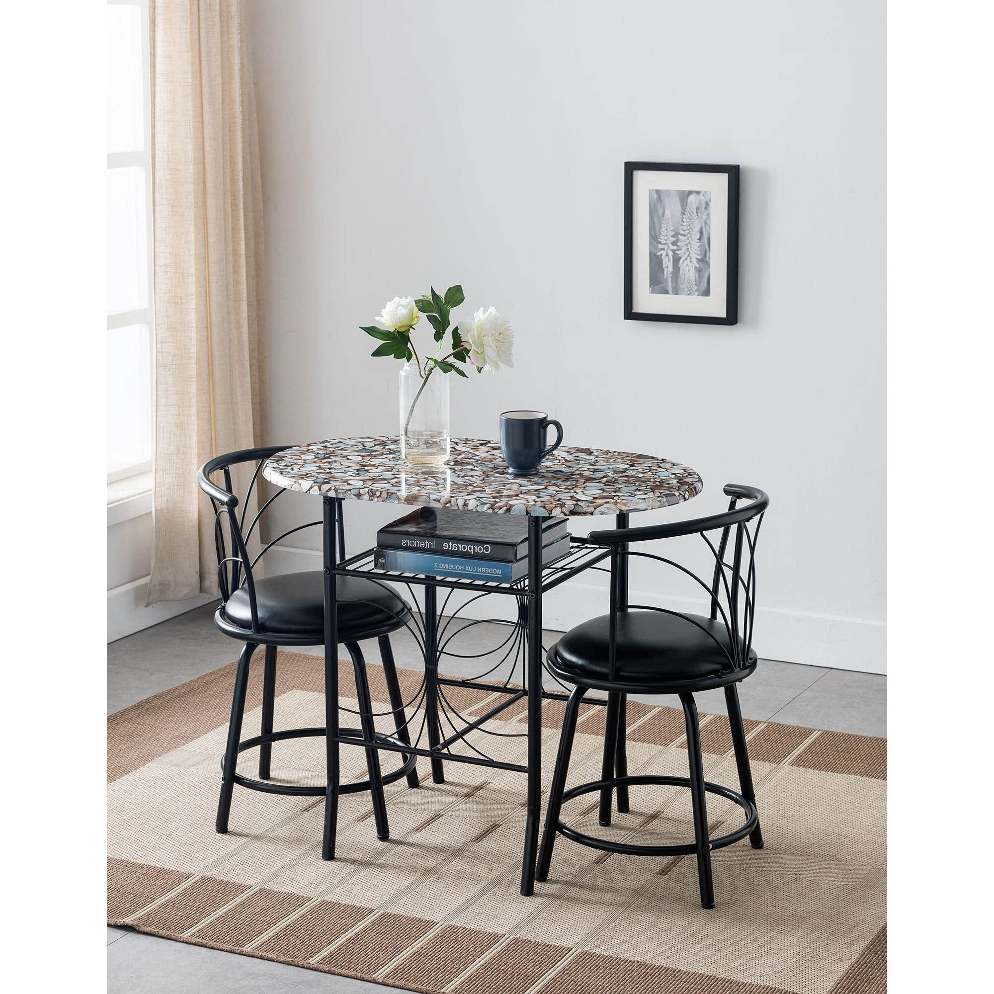 Spiky 3 Piece Kitchen Dinette Breakfast Set, Black Metal Frame With Cobblestone Wood Top